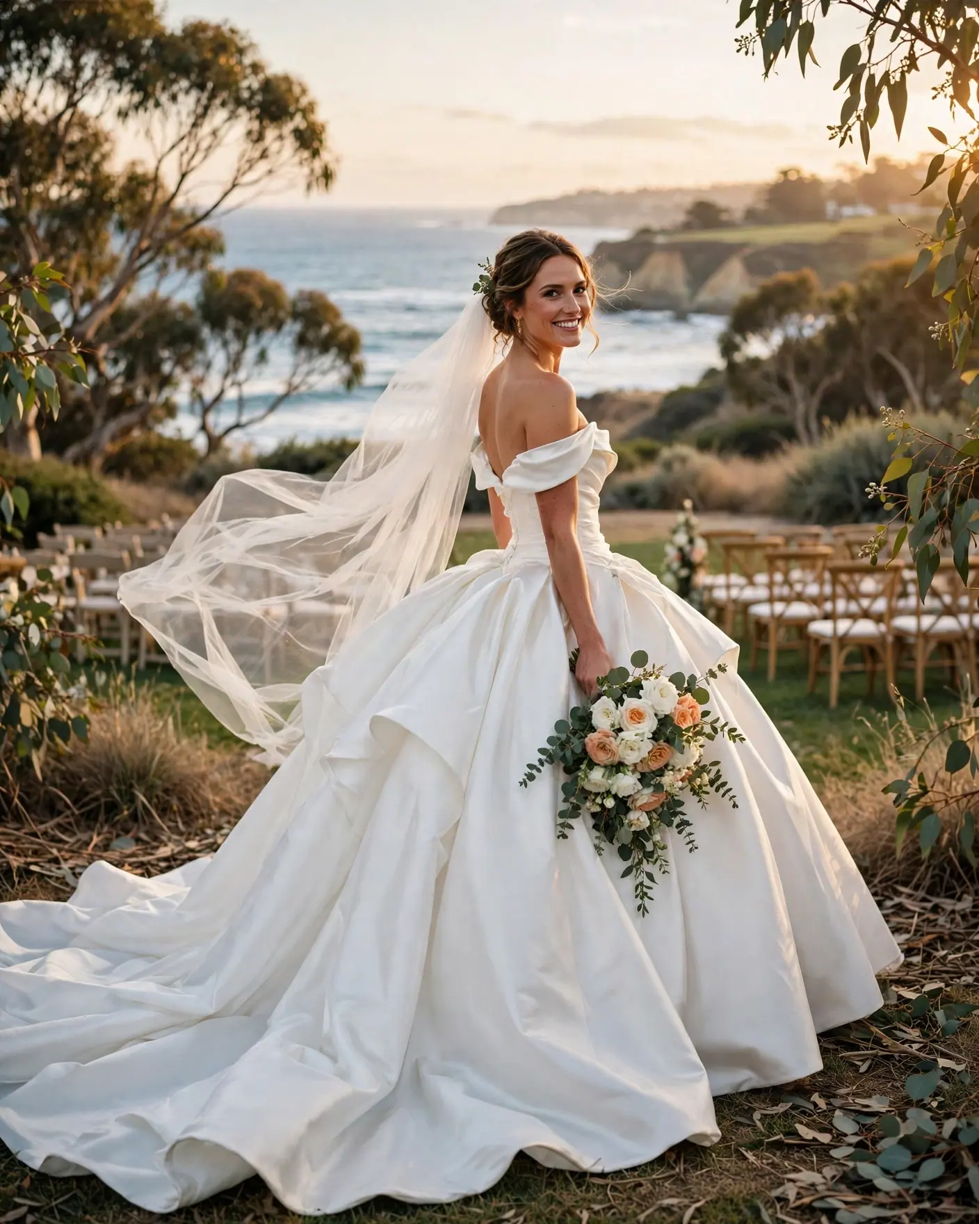 A bride in a full off-the-shoulder ball gown and long veil looks back over her shoulder on a eucalyptus bluff above the sea, holding her bouquet
