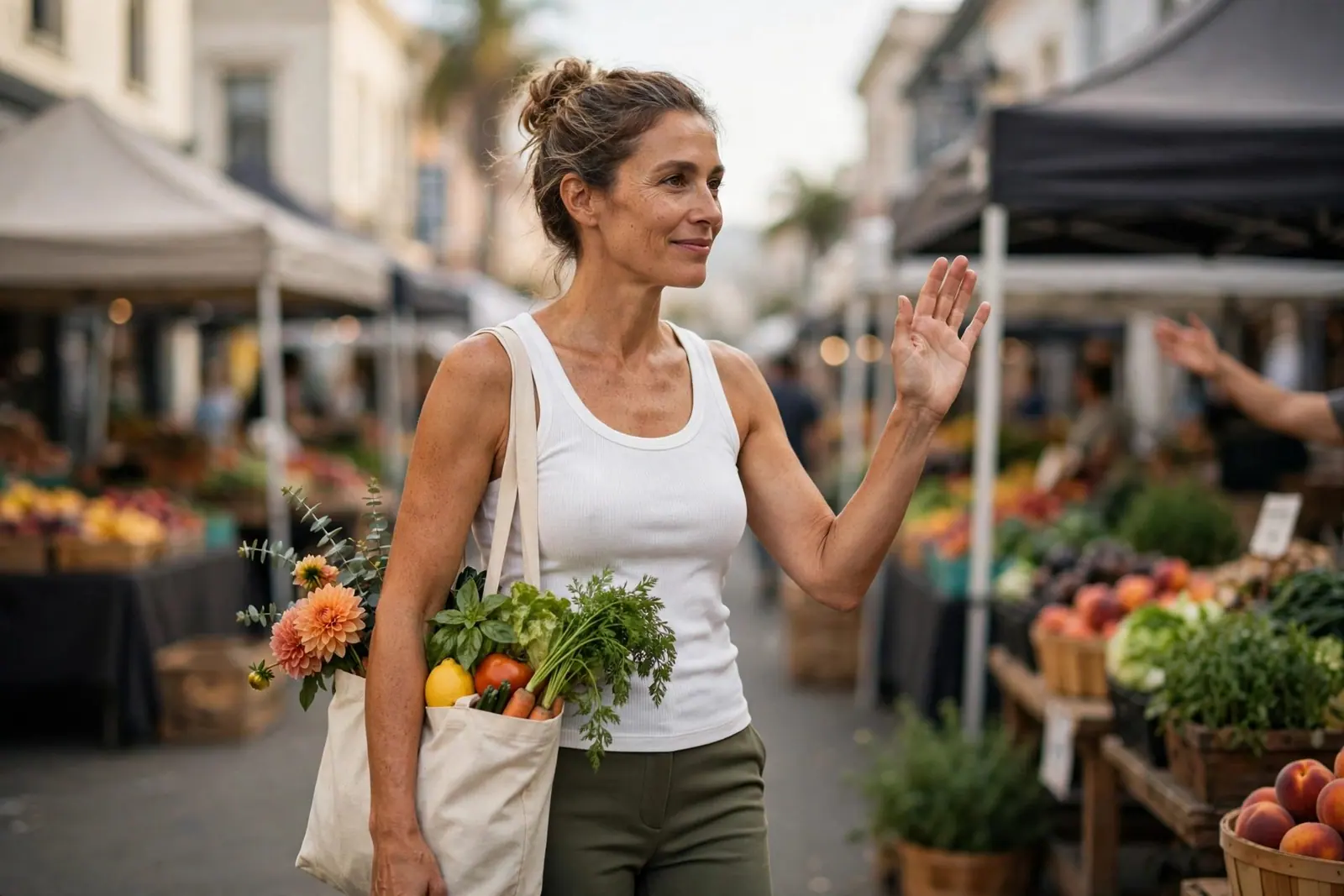 A woman in a white tank waves to a friend at the farmers market, her tote full of greens and flowers