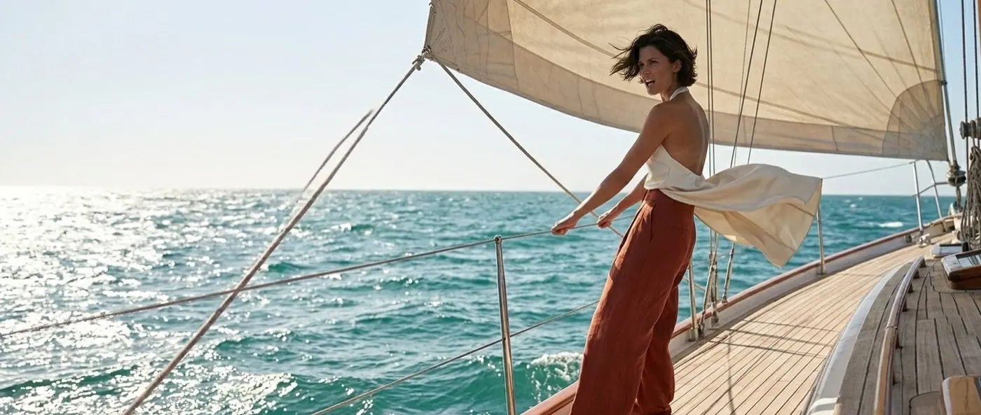 Cover of the Travel Tan Guide: a woman in a red skirt on the deck of a sailboat