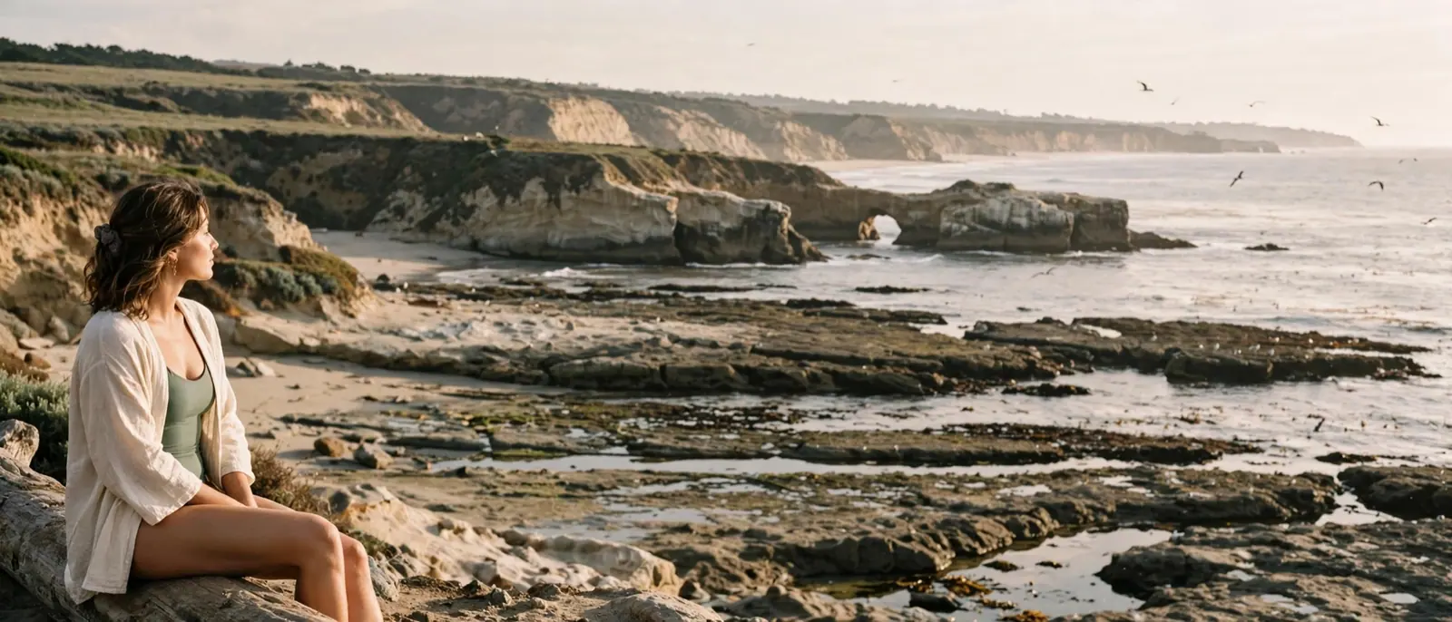 A woman sits on the rocks at Natural Bridges at golden hour, the arch and the tide pools below her