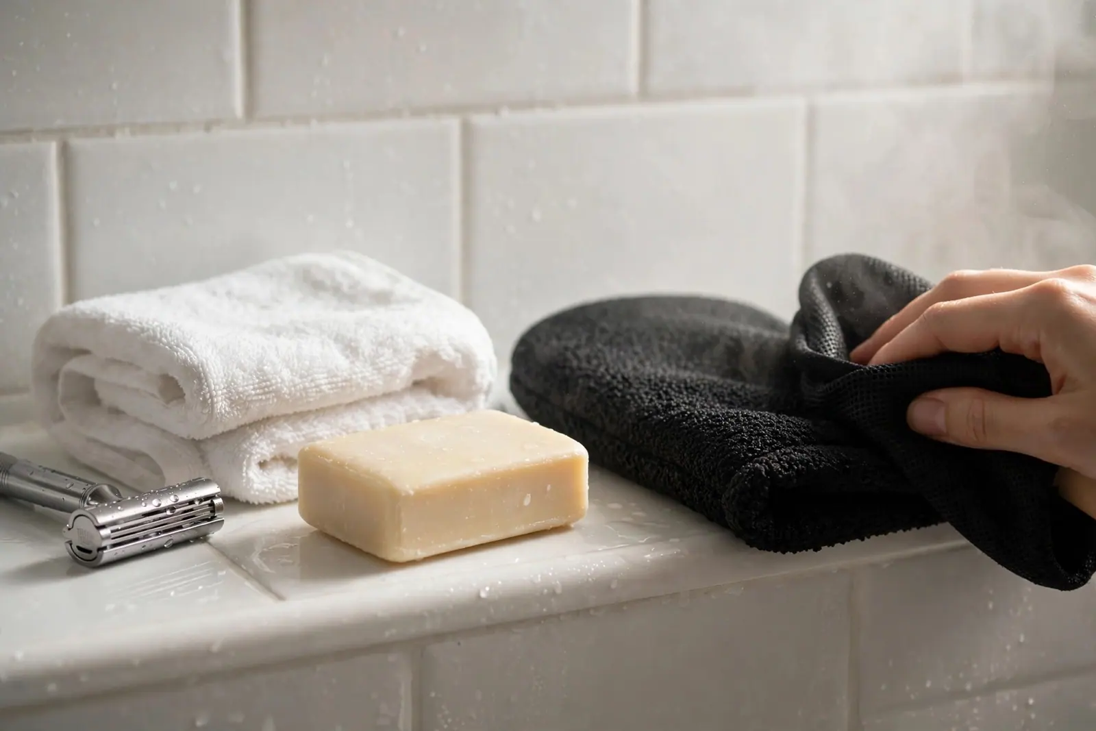 Folded white towels, a bar of soap, a razor and a black exfoliating mitt on the edge of the bath