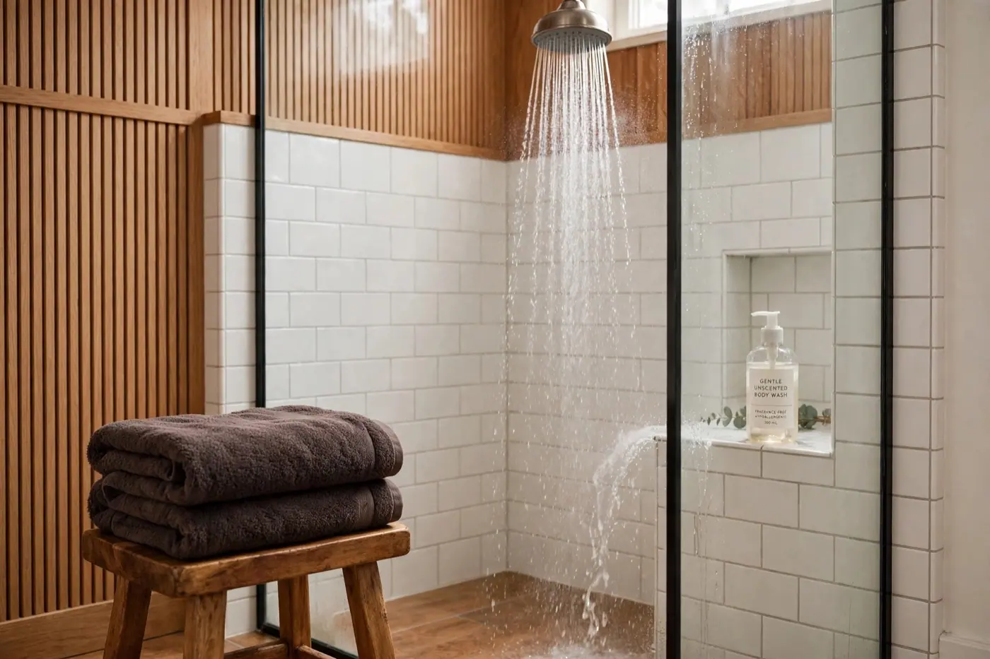 A bright shower with white tile and warm wood, a stool holding folded dark towels
