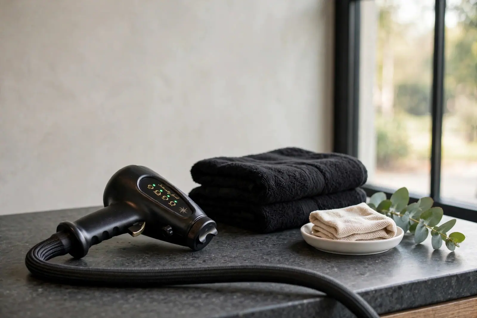 A black handheld applicator with a hose and a green light panel on a stone counter beside folded black towels