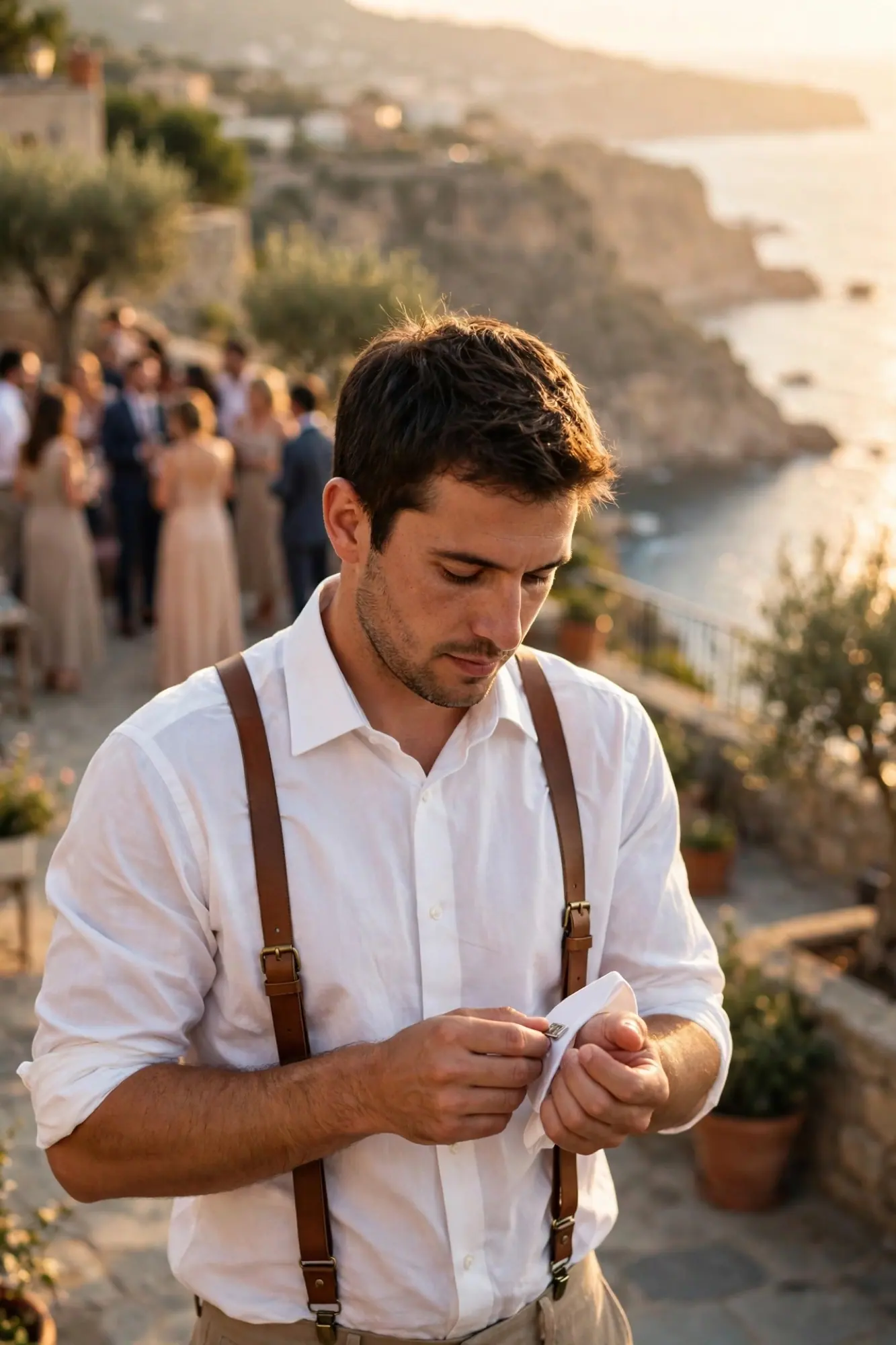 A groomsman in suspenders reads over his notes on a bluff above the sea before the ceremony