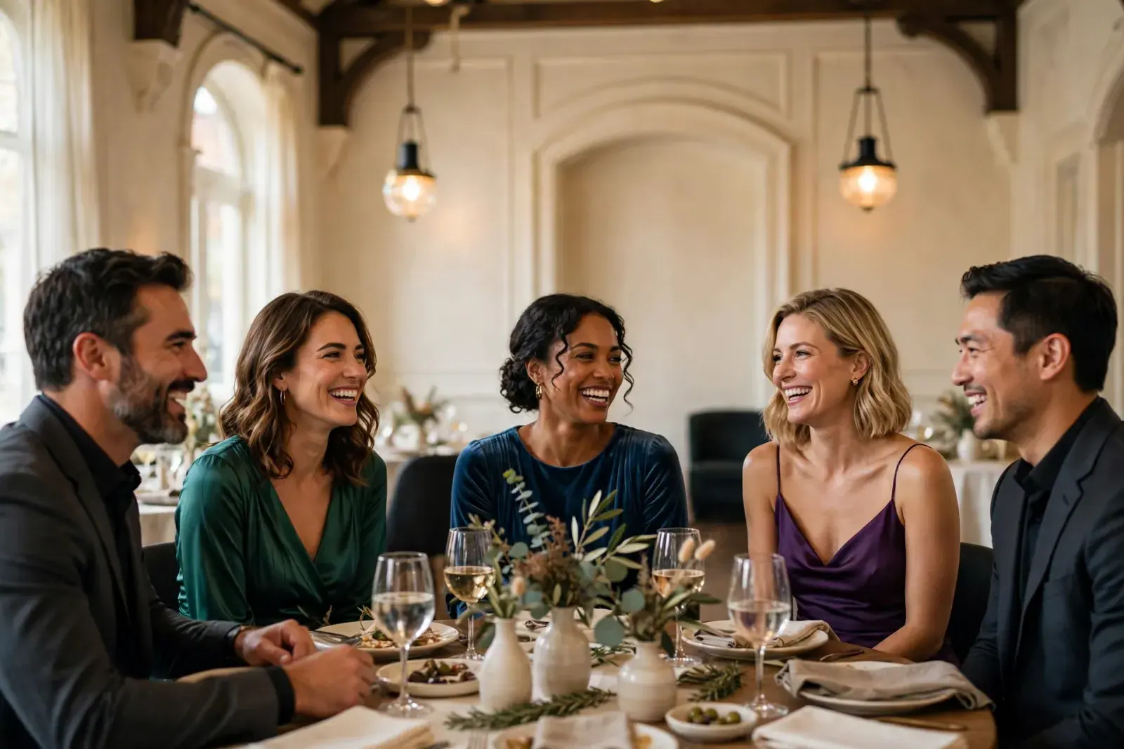 Guests in evening wear laugh around a candlelit table in a historic hall