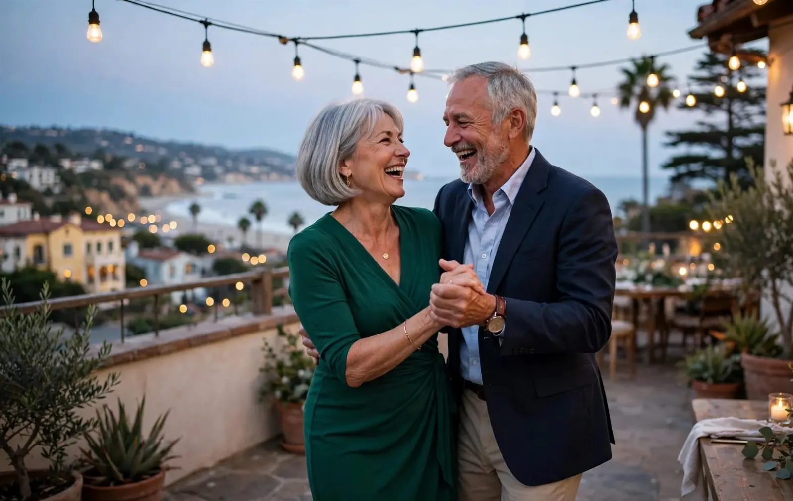 A silver-haired woman in an emerald wrap dress dances with her husband at their anniversary party