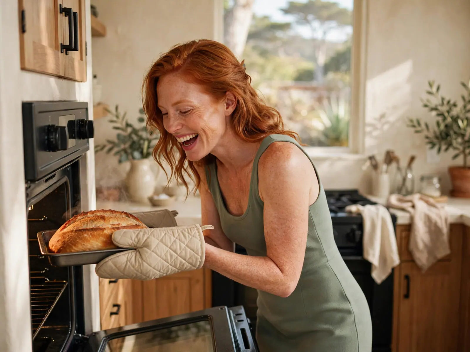 A redheaded woman in a sage dress laughs as she pulls a golden loaf from the oven