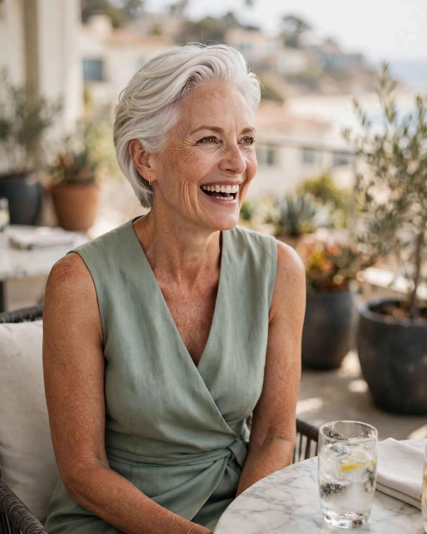A woman with short white hair in a sage wrap dress laughs at a sunny terrace table