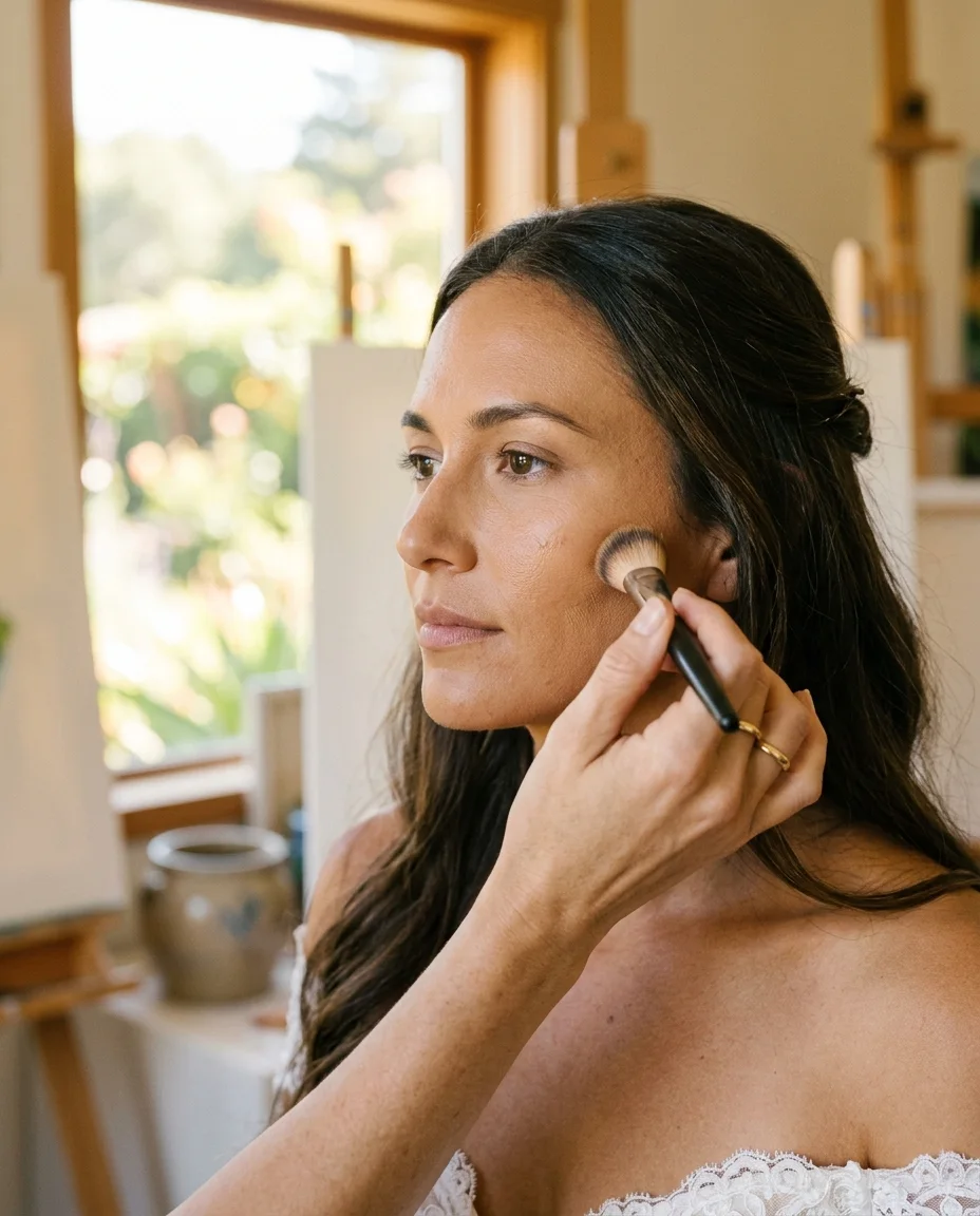 A bride with her dark hair half pinned smooths foundation along her cheek with a brush in soft window light