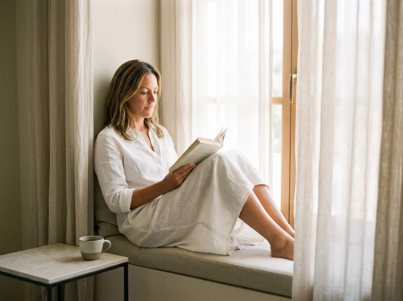 A woman in white linen reads in a sunny window seat while her tan develops