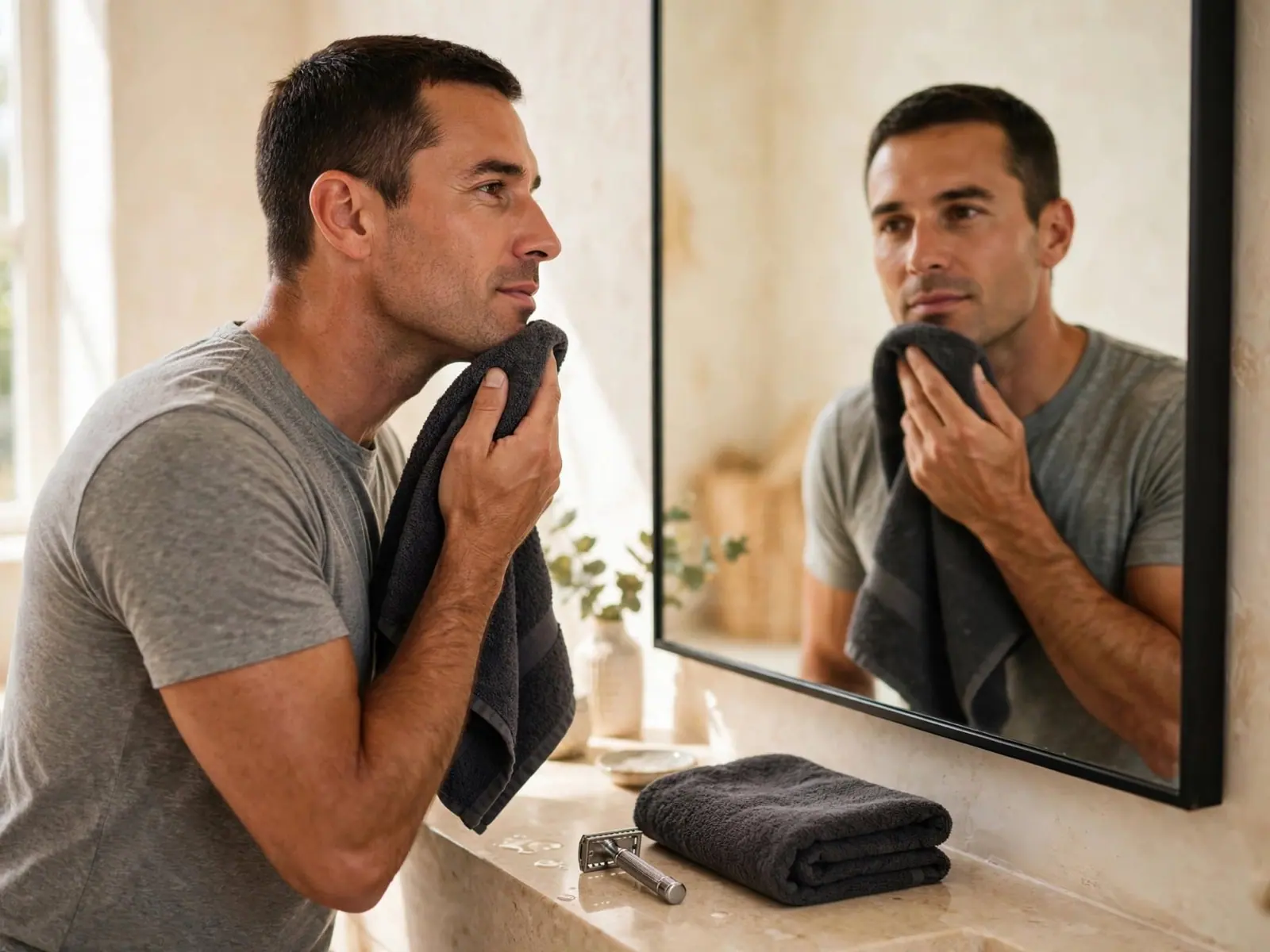 A man in a gray tee towels his freshly shaved jaw at a bathroom mirror