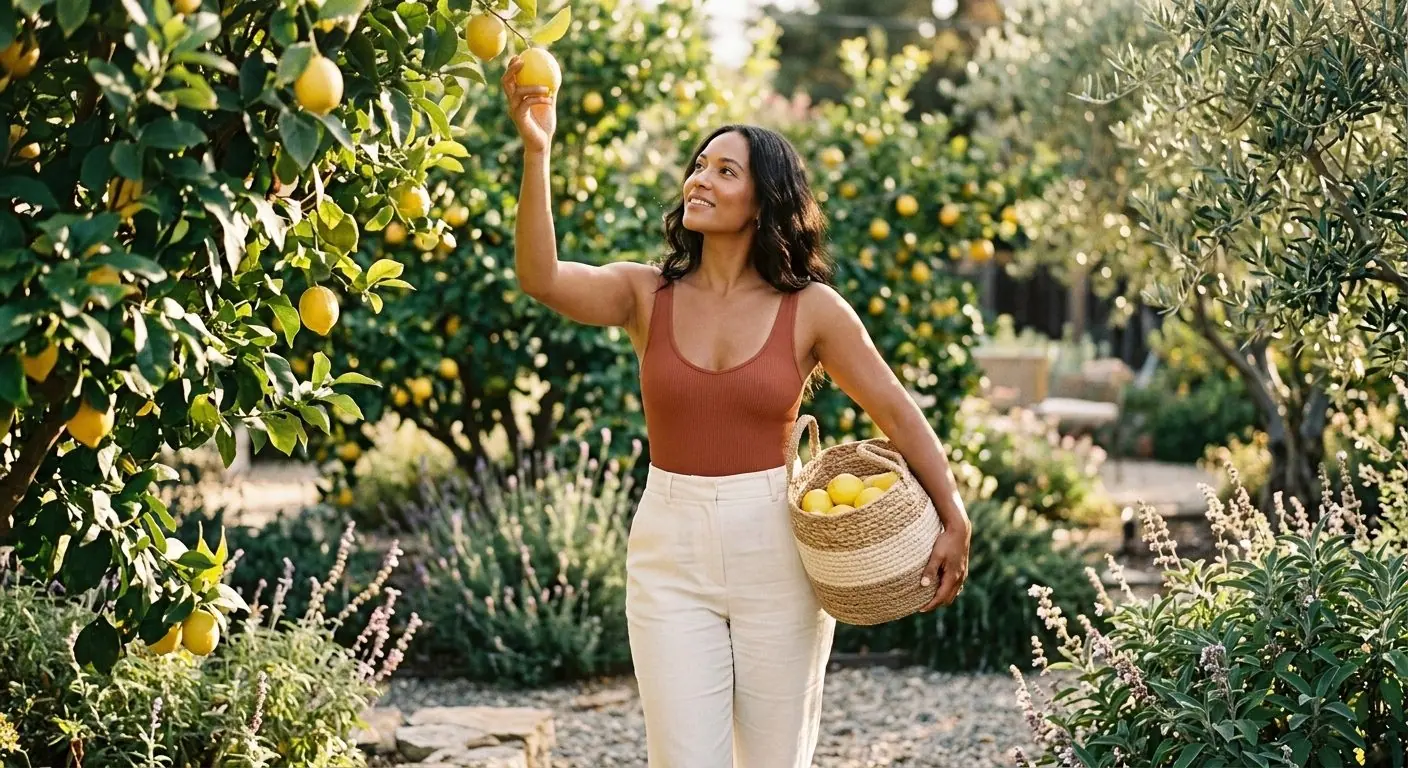 A woman in a terracotta bodysuit and cream trousers picks lemons in a sunny Soquel garden