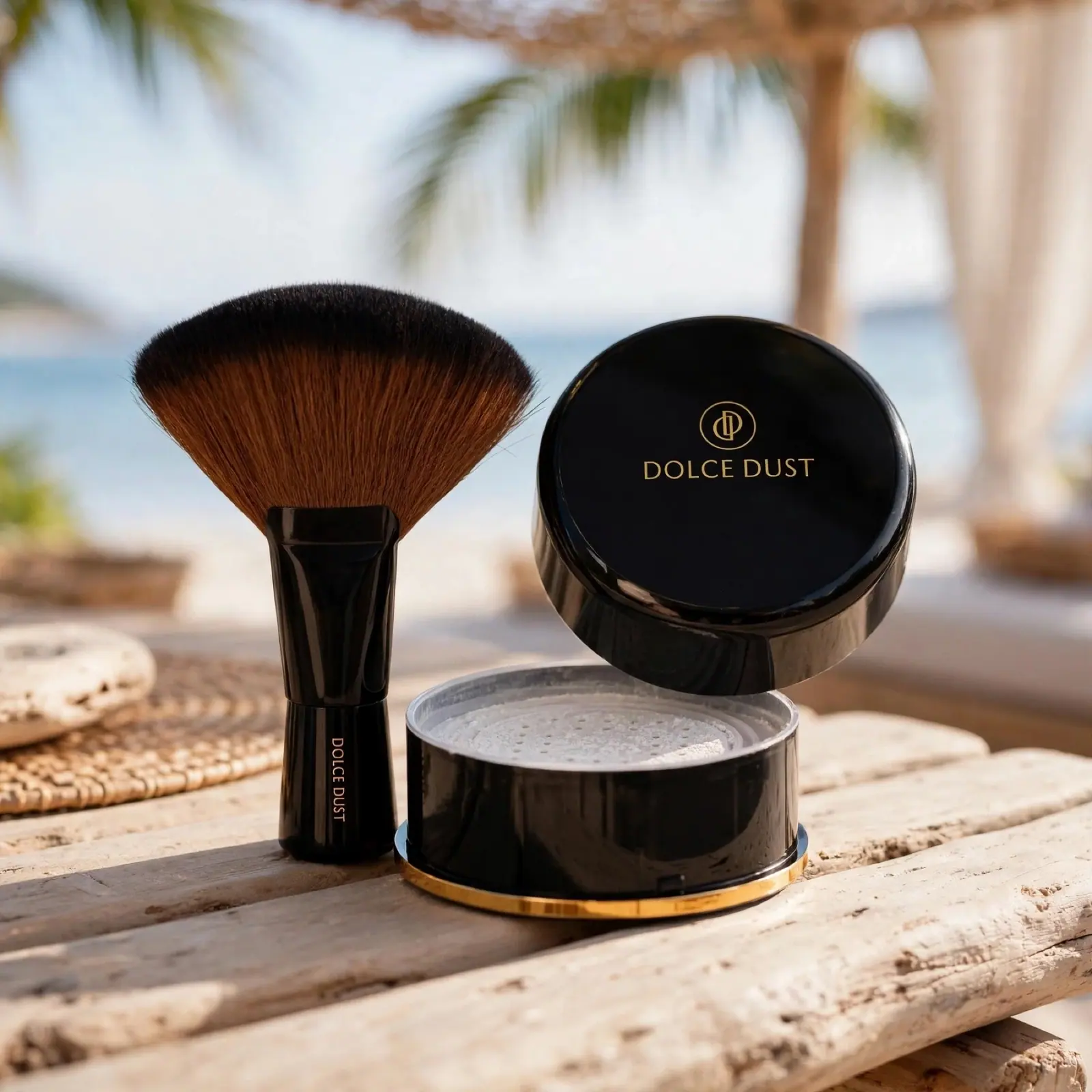 Dolce Dust finishing powder and its fan brush on driftwood by the beach