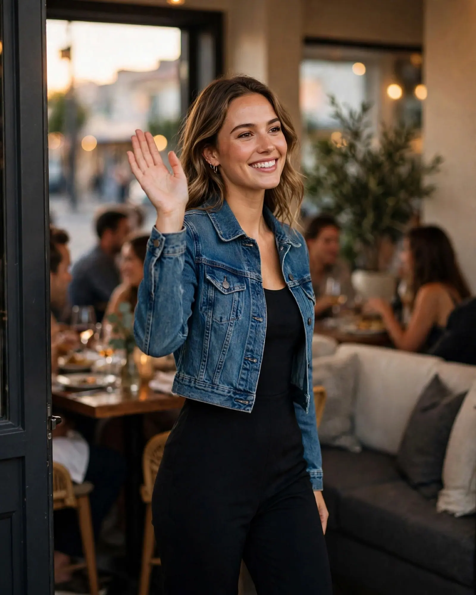 A woman in a denim jacket waves to friends as she walks into a candlelit restaurant