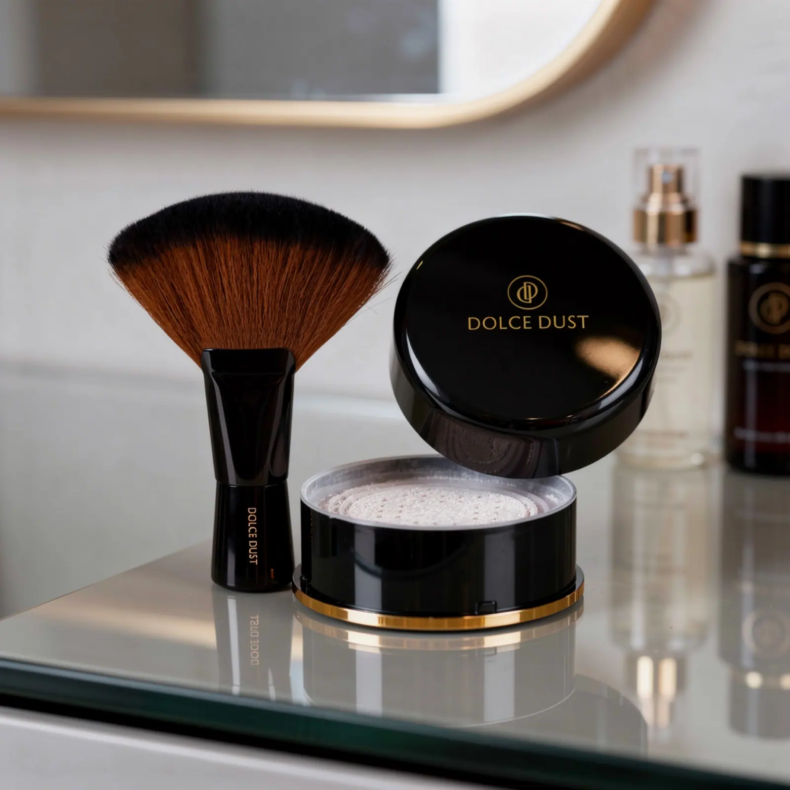 Dolce Dust finishing powder and its fan brush by a mirror