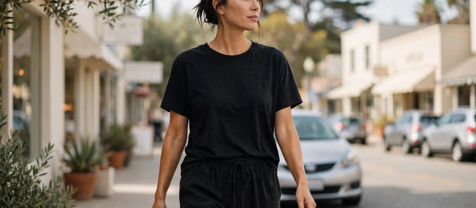 A woman in a black tee and loose black pants walks a sunny coastal street after her tan, car keys in hand