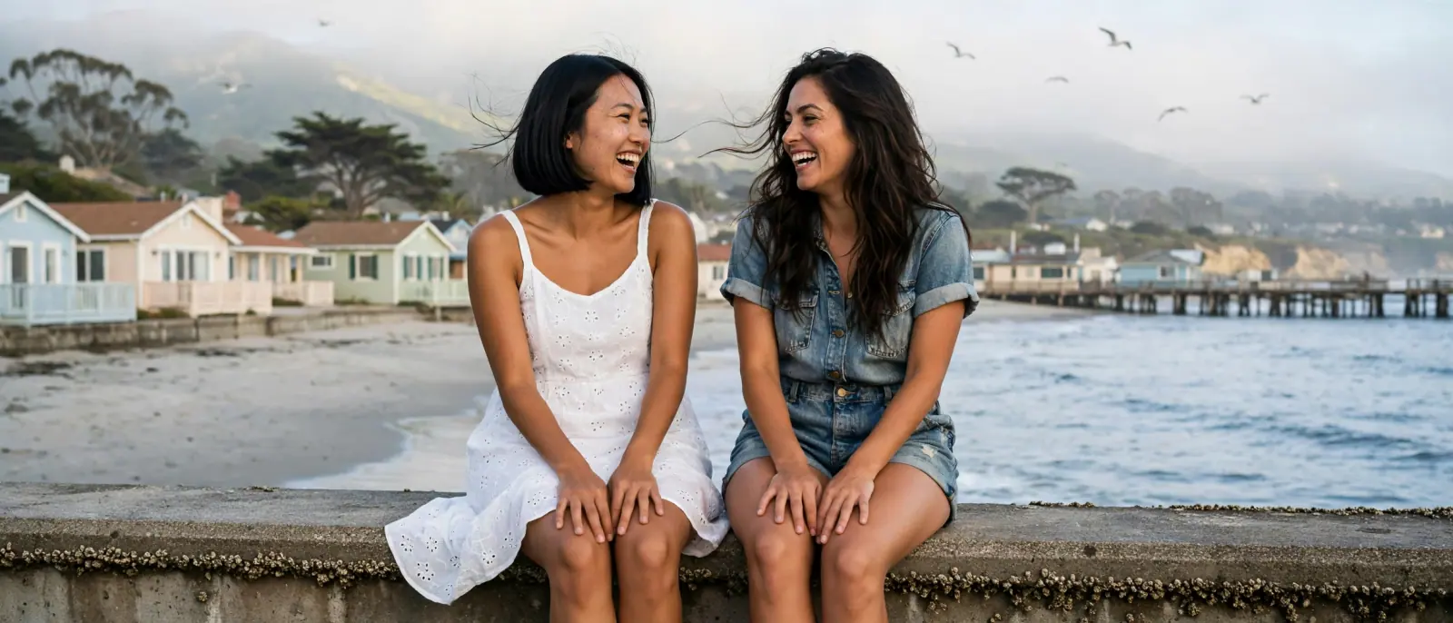 Two friends laugh together on a seawall by the beach huts, the pier behind them