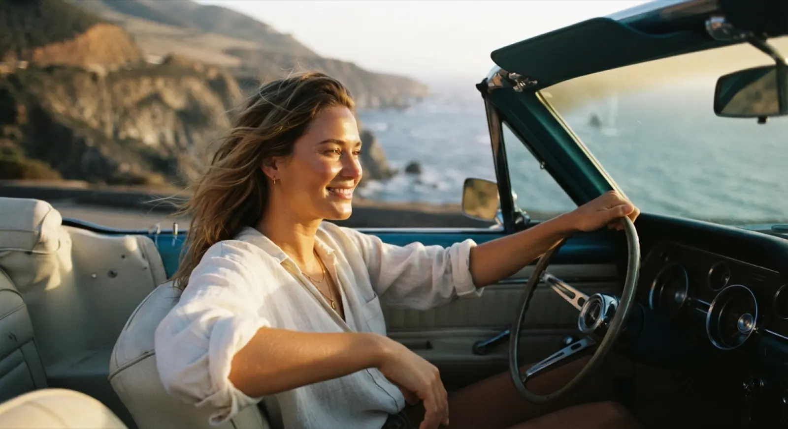 A smiling woman drives a convertible along a coast road above the sea