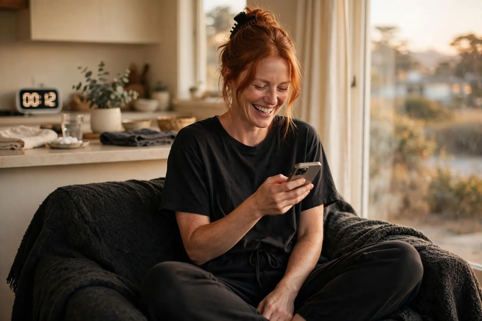 On the day of her tan, a redheaded woman in loose black clothes laughs at her phone on a dark armchair, a rinse timer on the counter