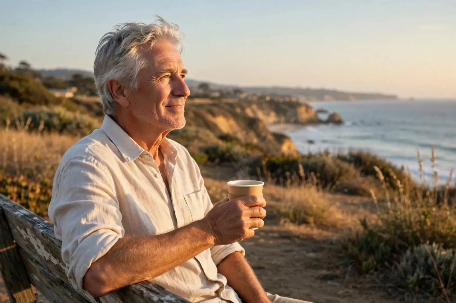 A silver-haired man sips coffee on a bench above the coast at golden hour