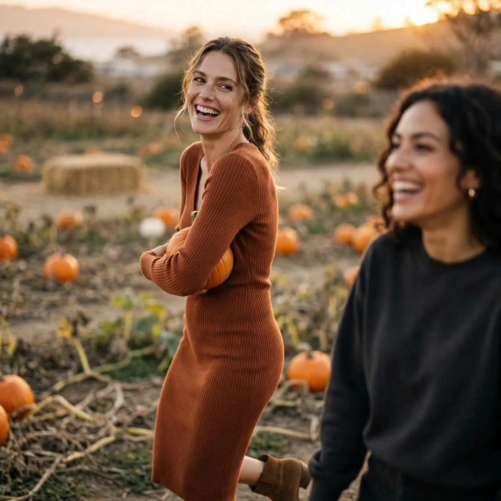 Two friends laugh together in a coastal pumpkin patch in October