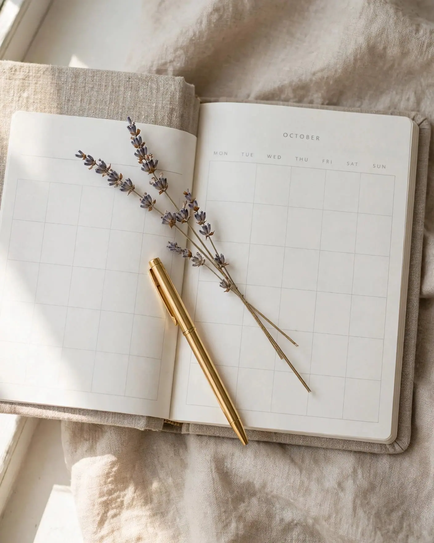 An open monthly planner on a linen throw, a gold pen and a sprig of lavender resting across the page