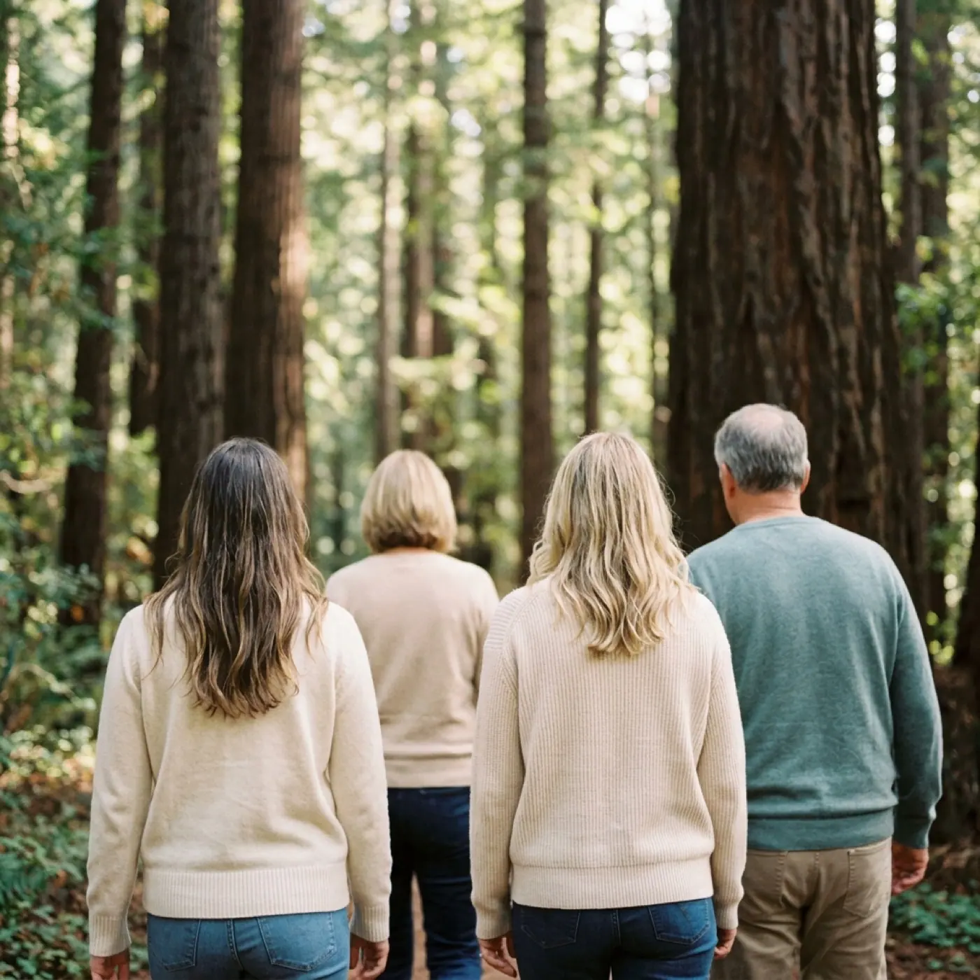 A family in cream sweaters walks together down a redwood forest path
