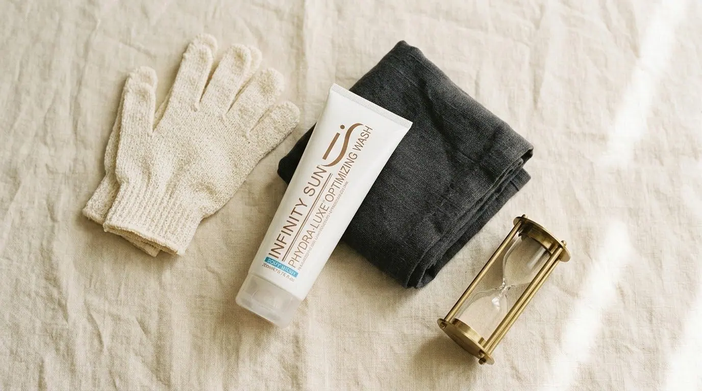 A pair of white exfoliating gloves, a black mitt and tan products laid out on cream linen
