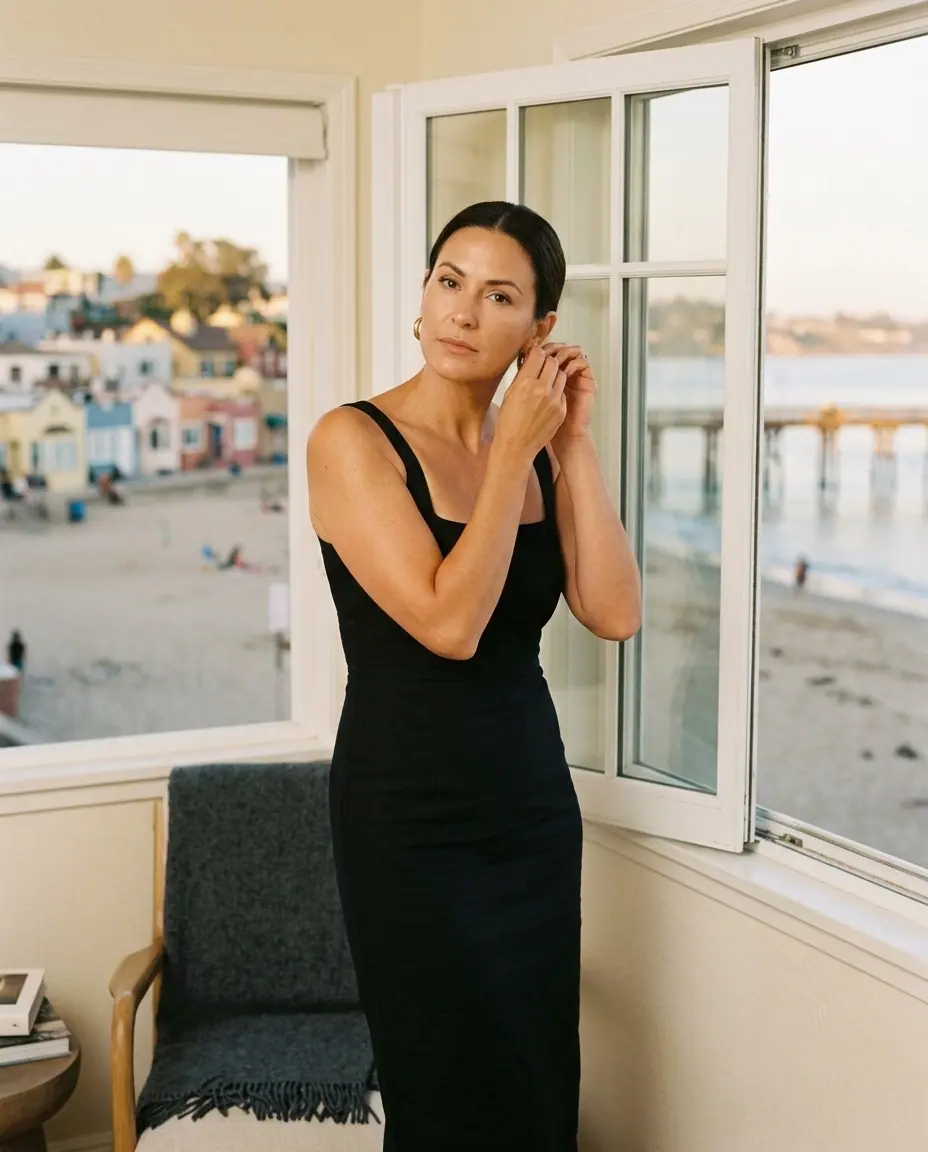 A dark-haired woman in a fitted black midi dress puts on an earring at an open window above Capitola Beach