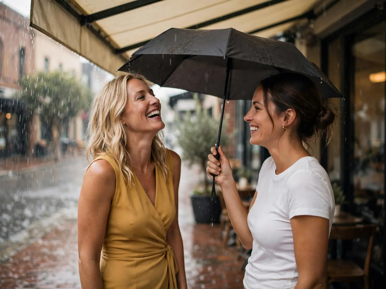 Two friends laugh under a cafe awning during a sudden rain shower on Pacific Avenue, one in a mustard wrap dress