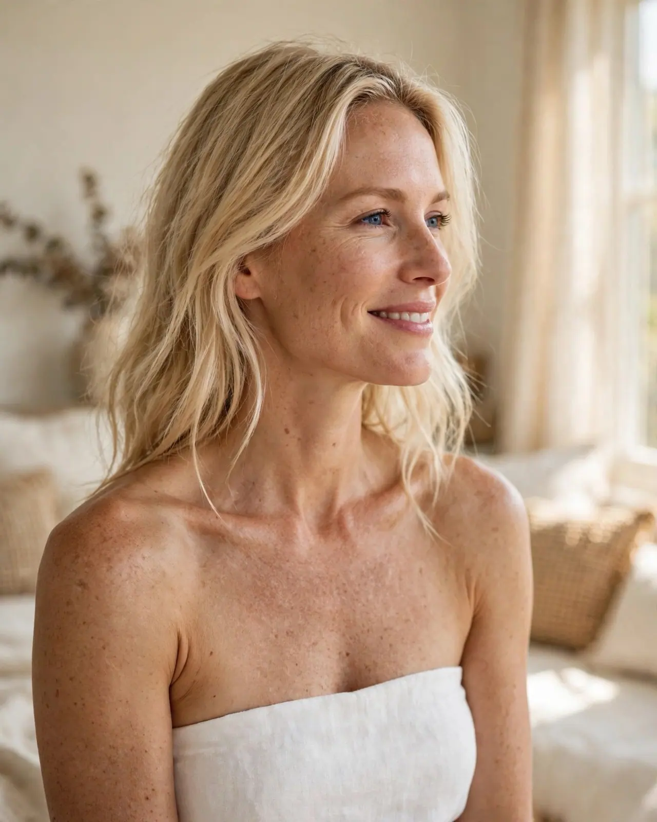 A woman with blonde waves in a white strapless top, glowing in soft light