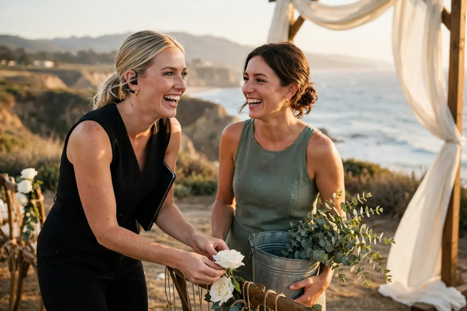 A wedding planner and a florist laugh as they finish the ceremony arch on a bluff above the sea
