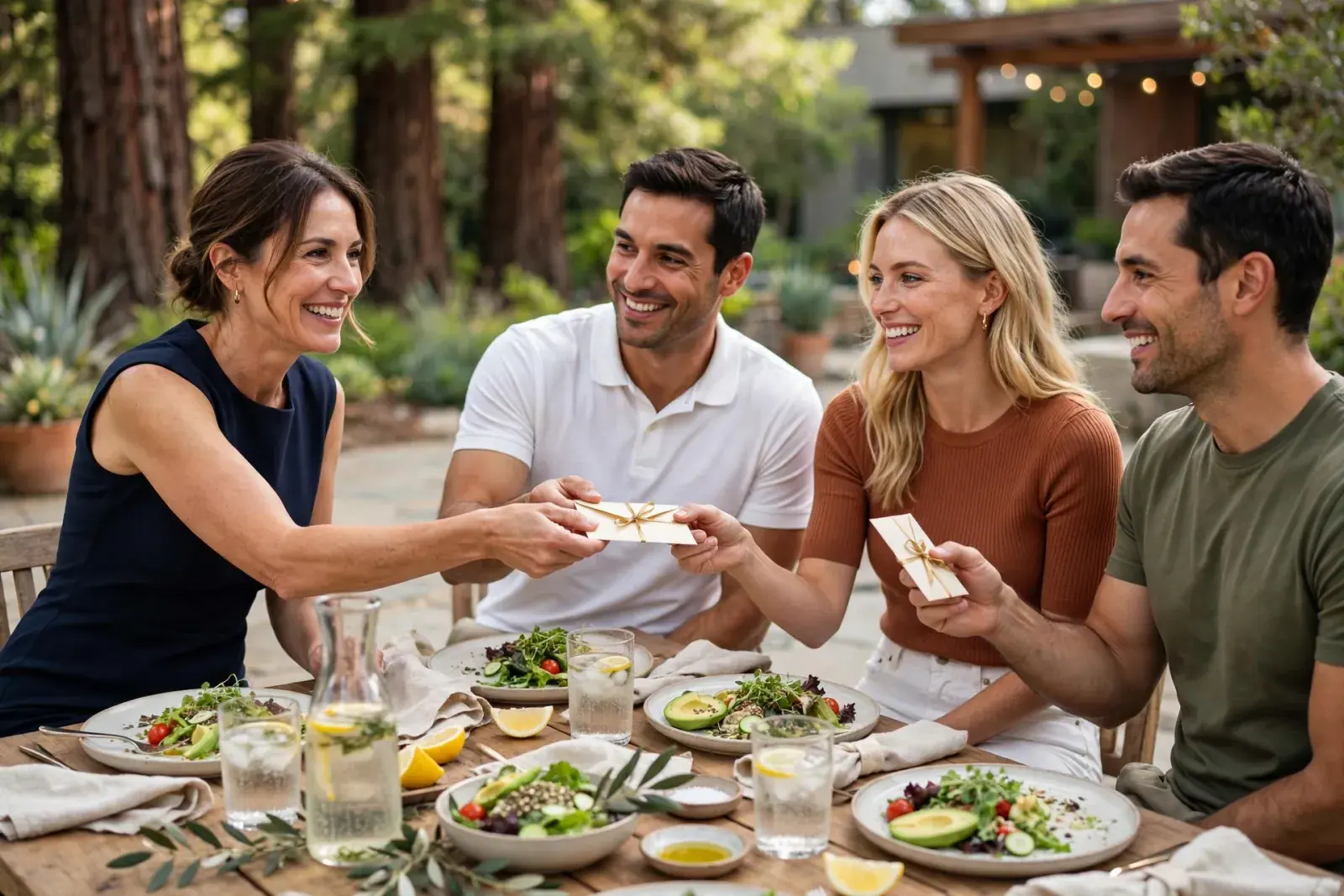 At a team lunch on a garden patio, a manager hands ribboned gift card envelopes to her colleagues