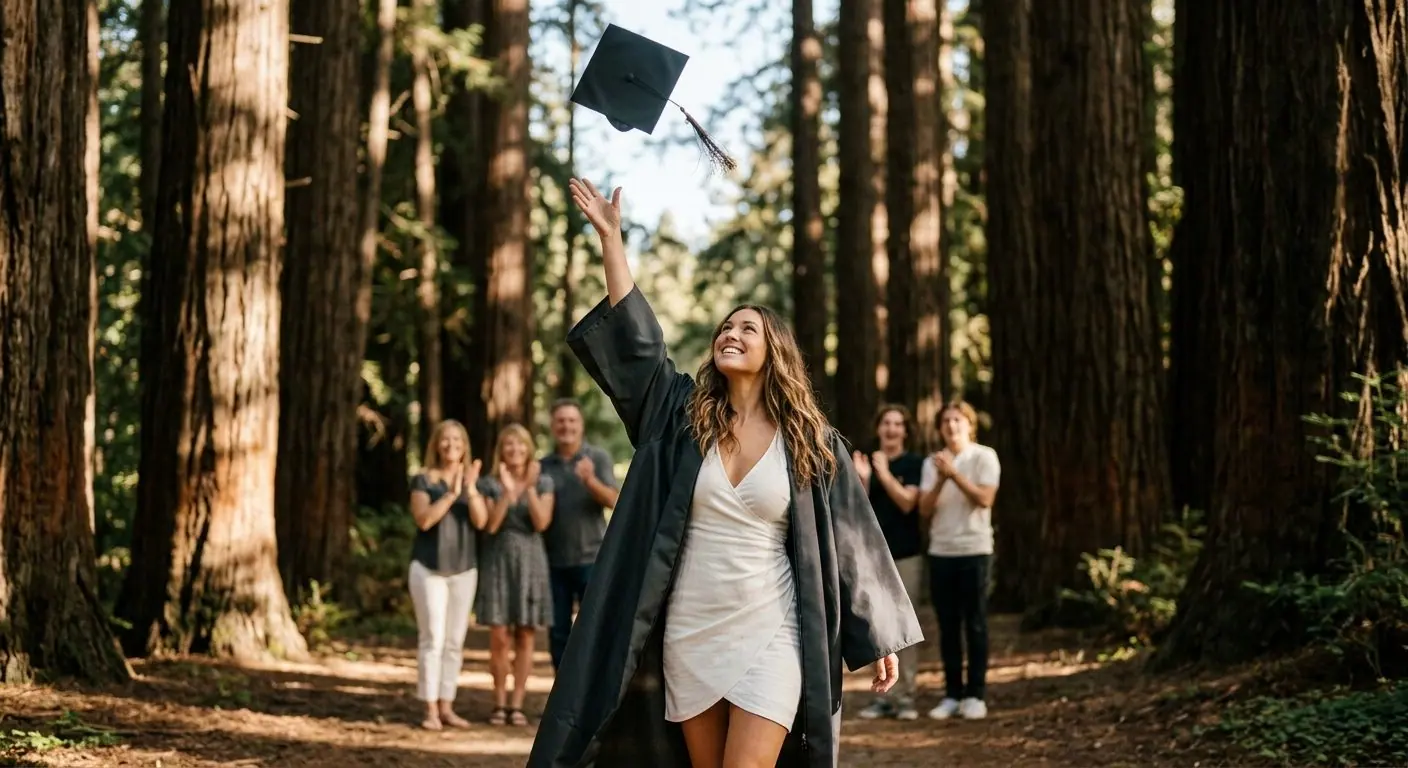 A graduate tosses her cap among the redwoods at UC Santa Cruz