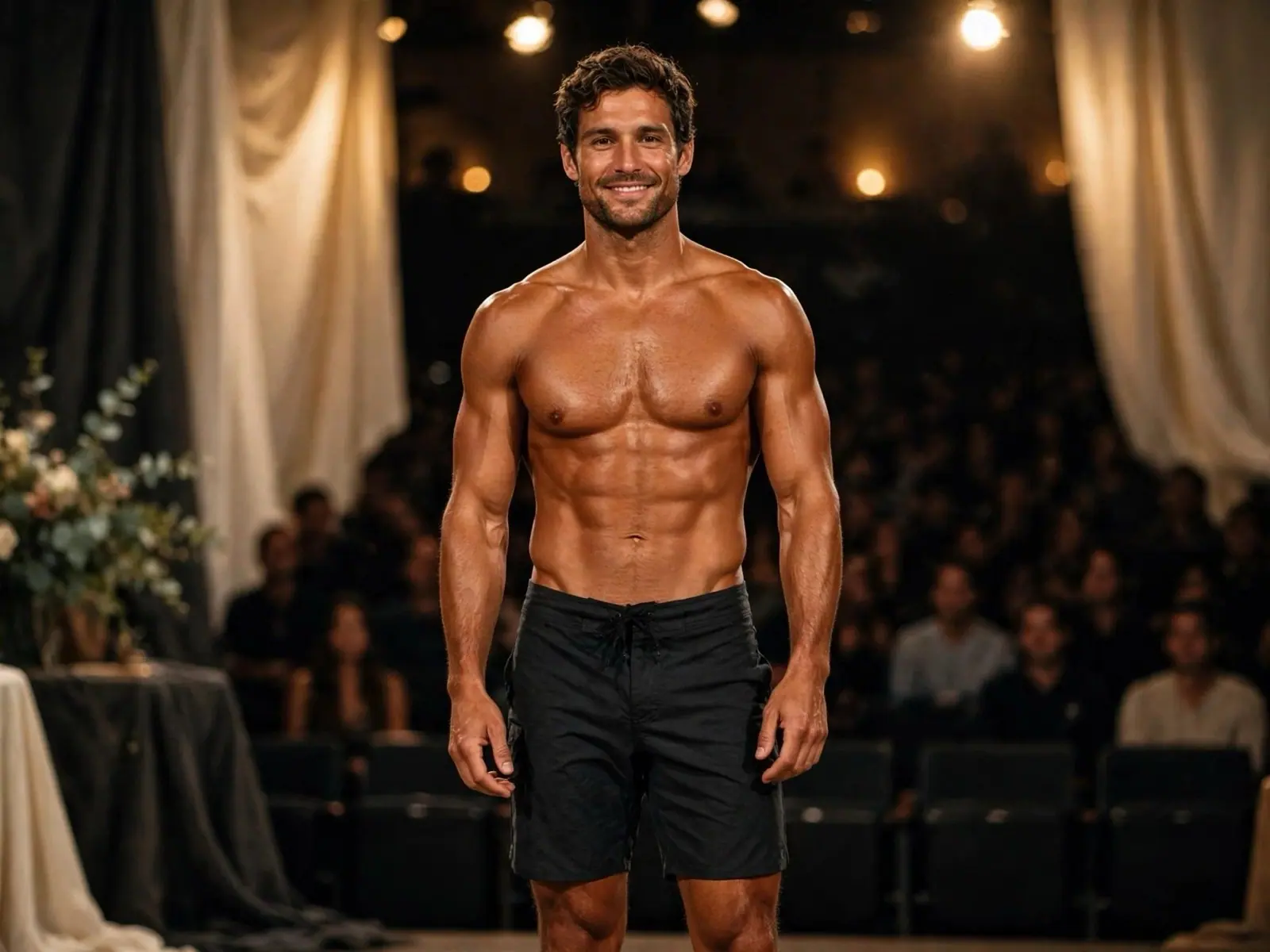 A smiling men's physique competitor with a deep, even tan poses on stage under warm lights