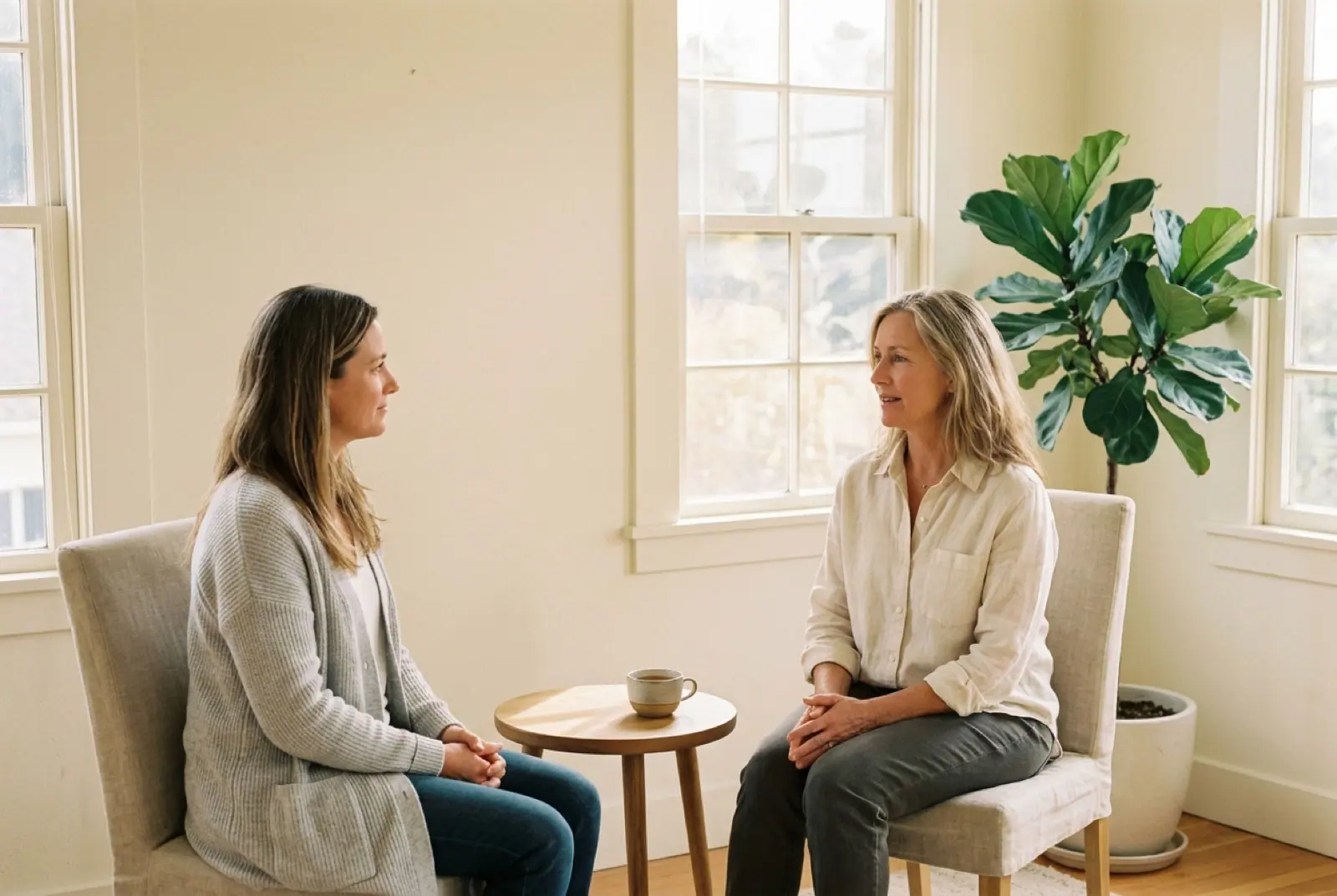 Two women talk over tea in a bright room