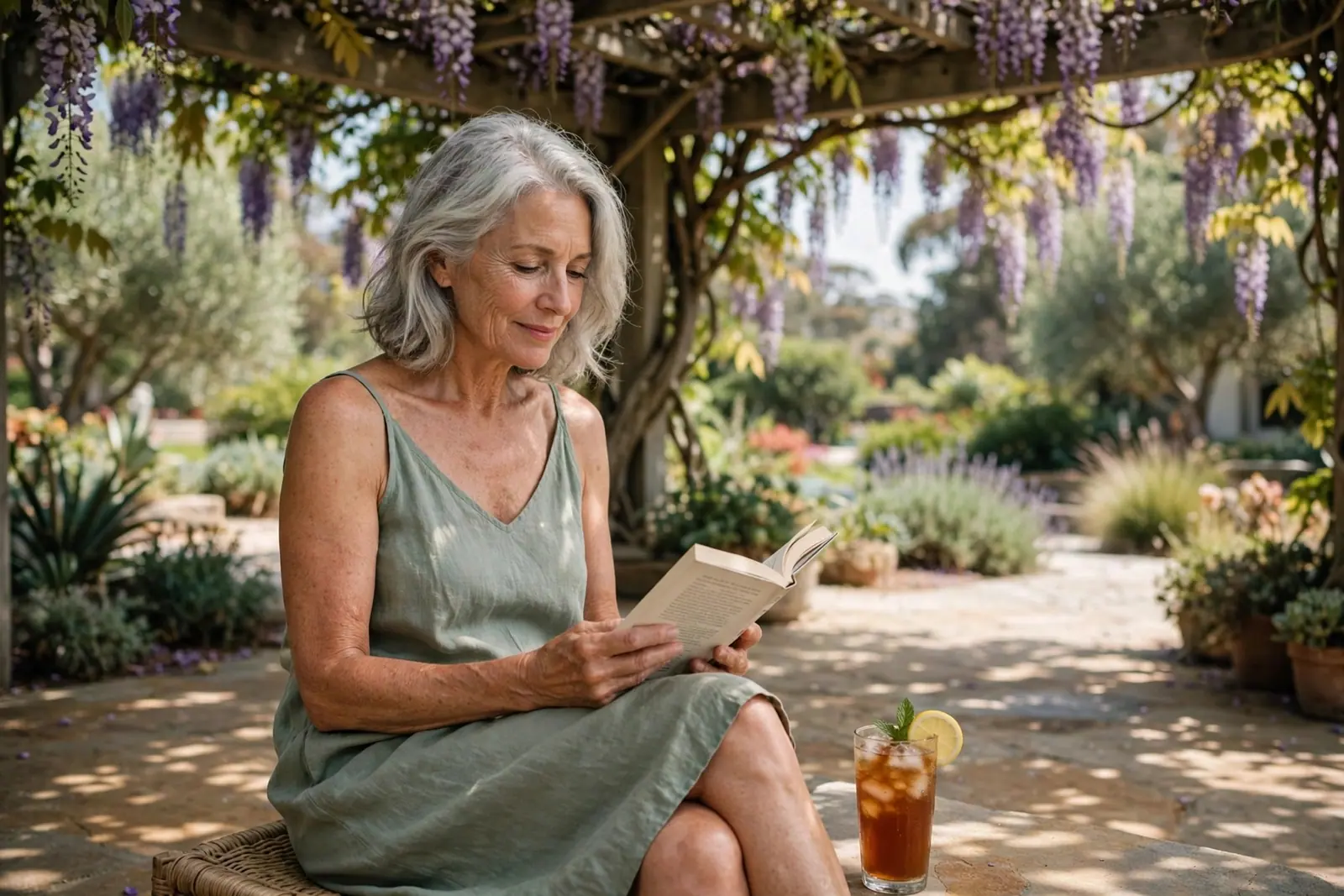 A silver-haired woman in a sleeveless sage dress reads under a wisteria arbor, an iced tea beside her