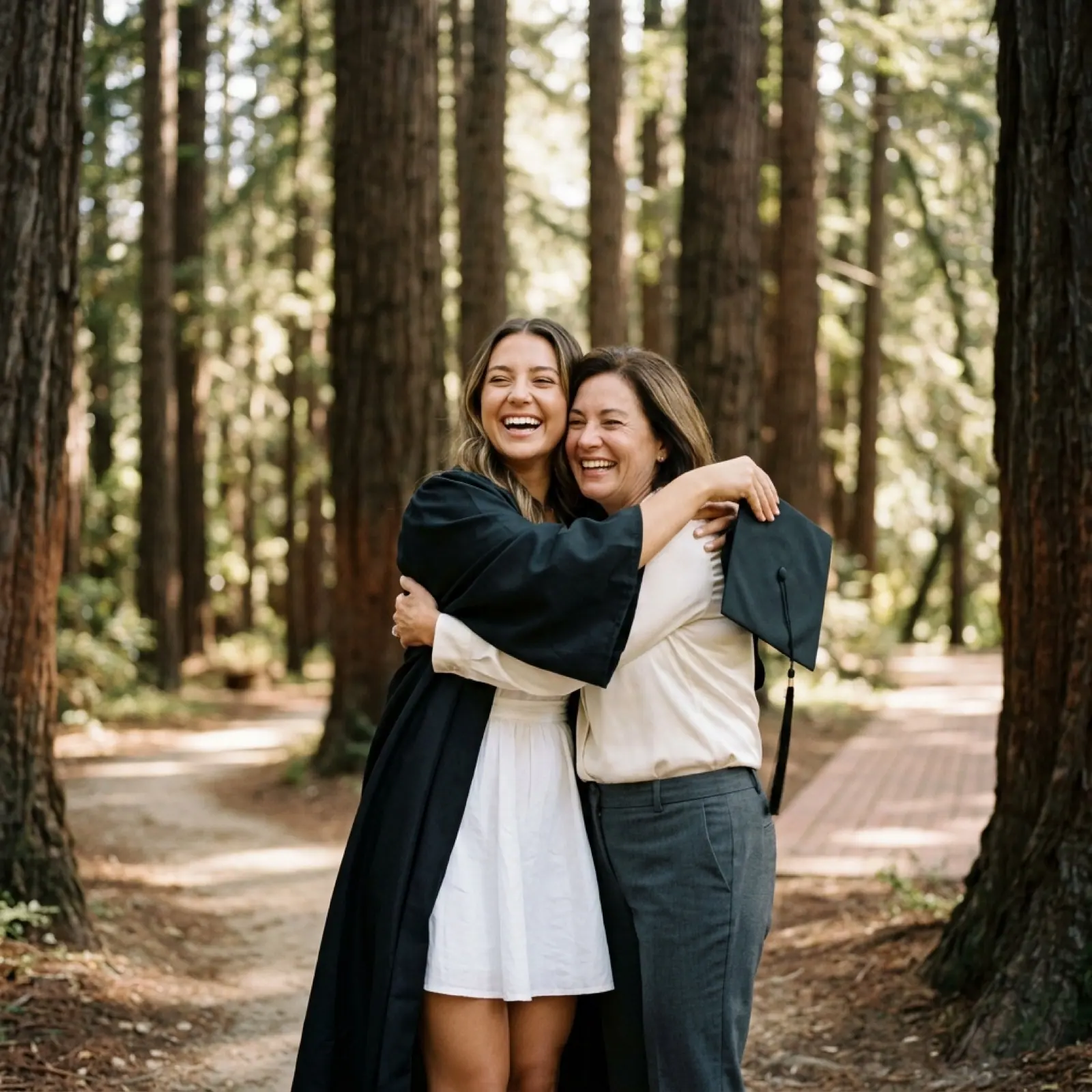 A graduate in her gown hugs her mother among the redwoods, both laughing