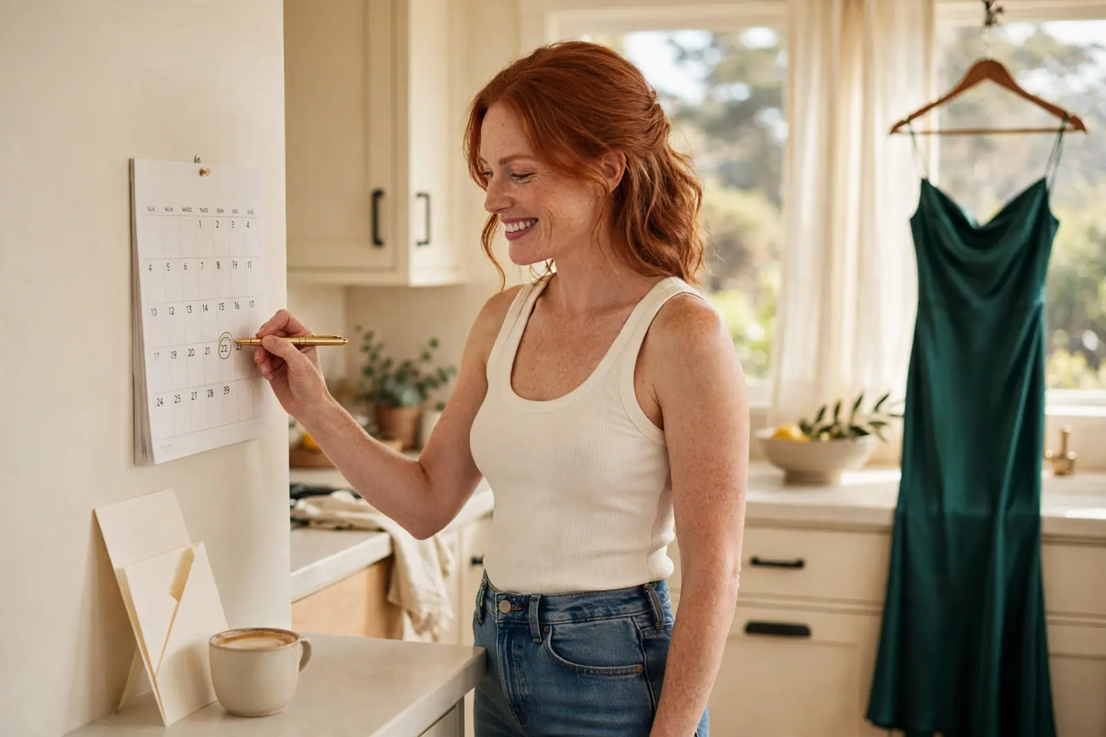 A redheaded woman in an ivory tank circles a date on her kitchen wall calendar, an emerald dress hanging by the window