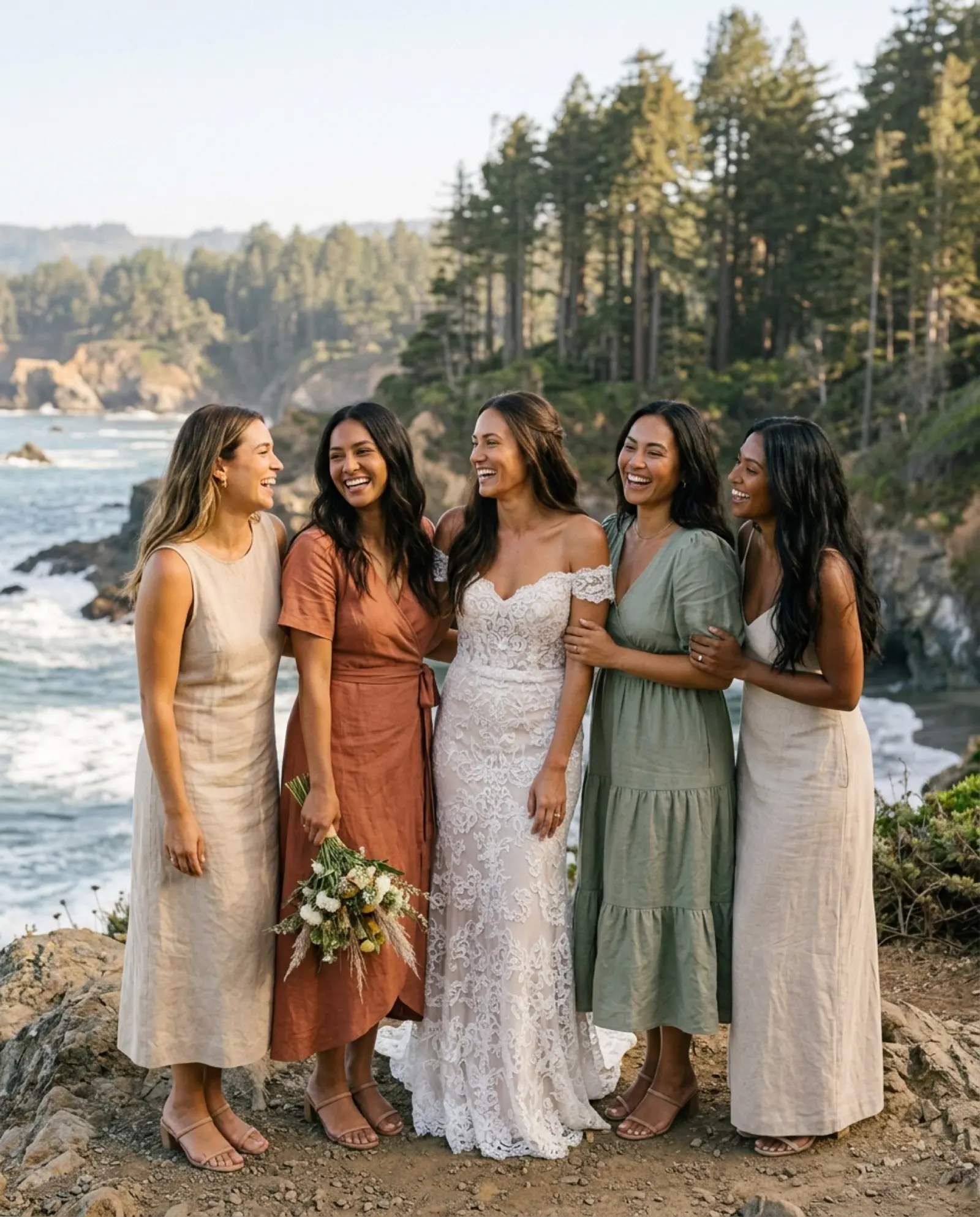 A bride and her bridesmaids laugh together on the rocks above a cove