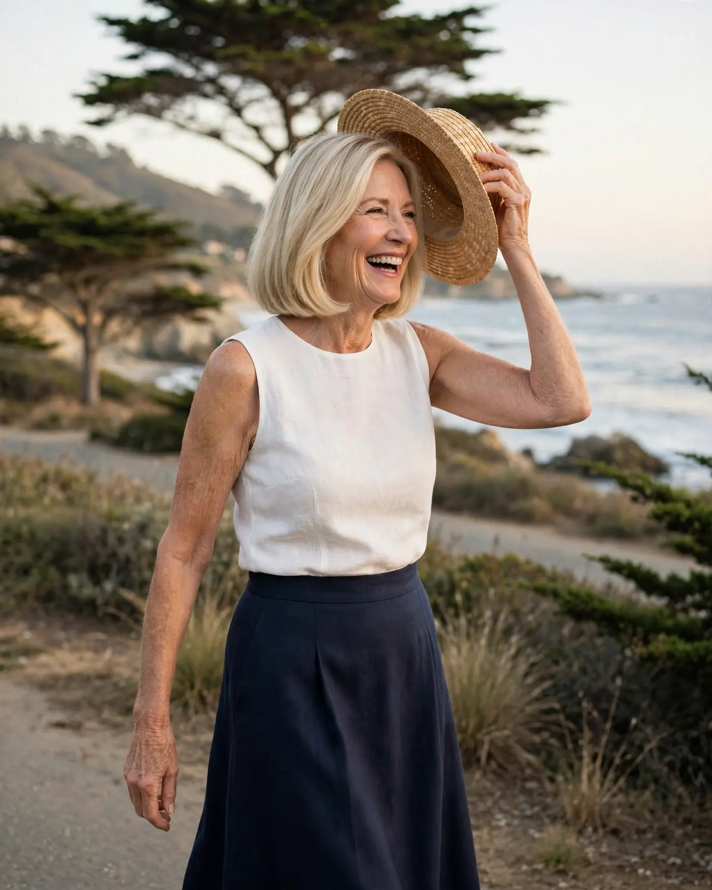 A blonde woman in her sixties in a white linen top and navy skirt laughs on East Cliff Drive, one hand on her straw hat