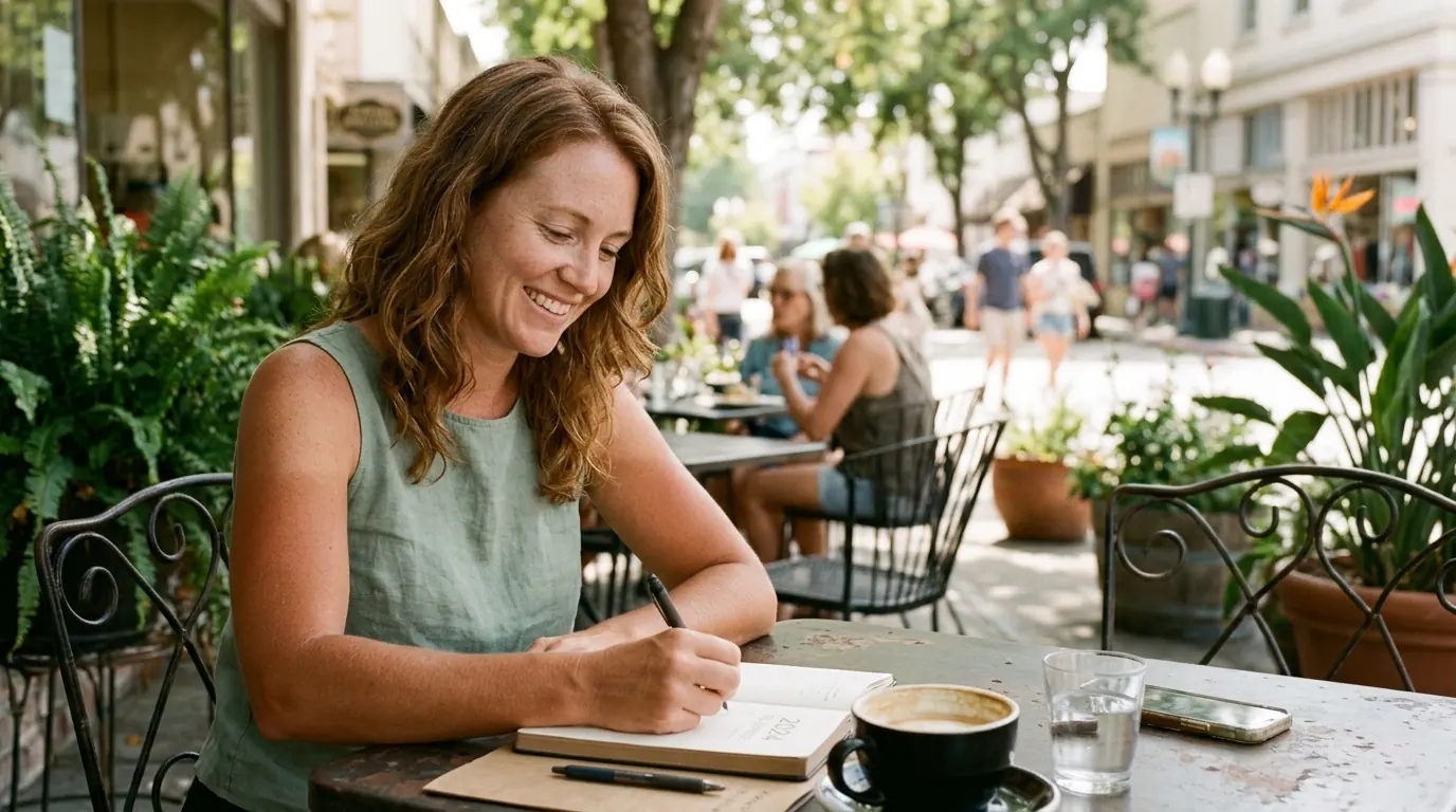 A smiling woman writes in a planner at a sidewalk cafe table, a coffee beside her