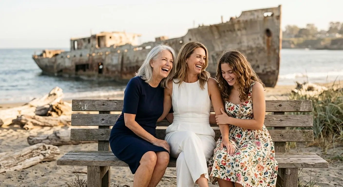 Three generations of women laughing on a bench at Seacliff, the concrete ship behind them