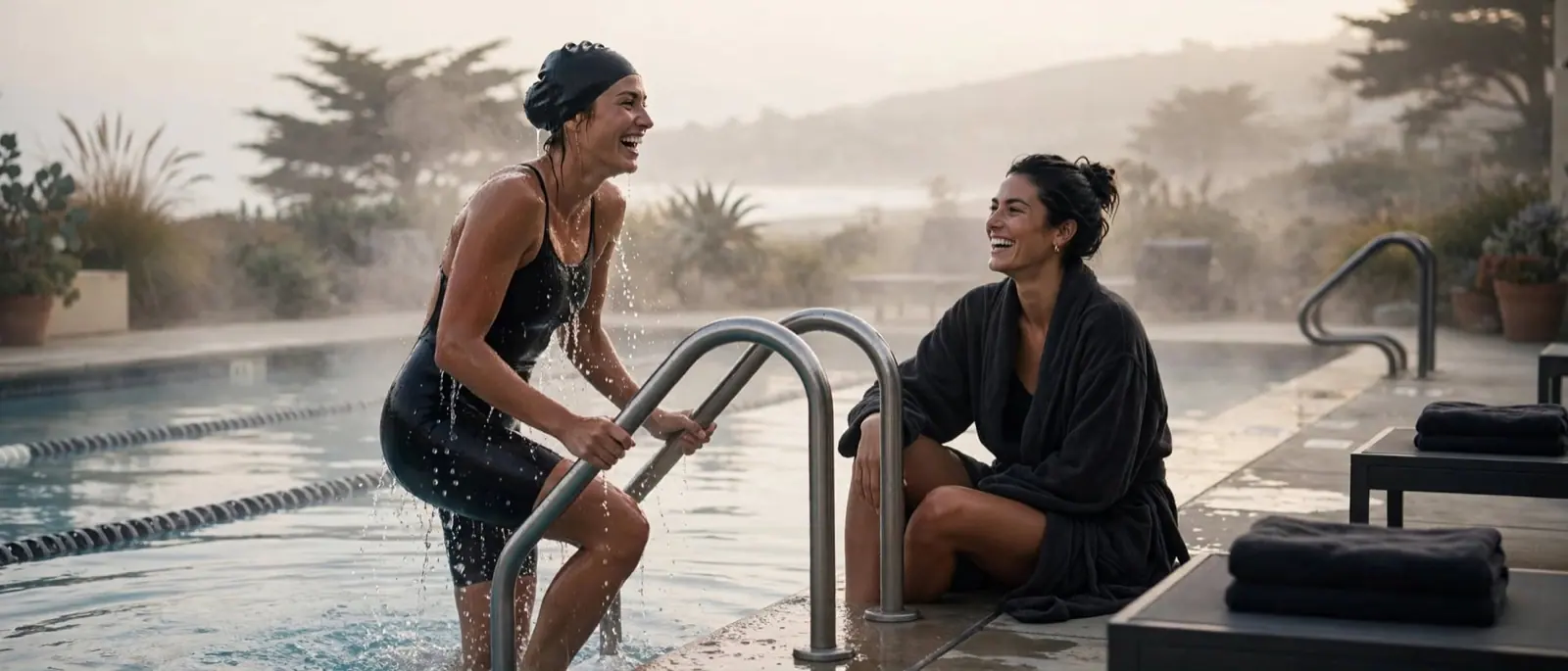A swimmer climbs out of an outdoor pool at dawn, laughing with a teammate on the deck
