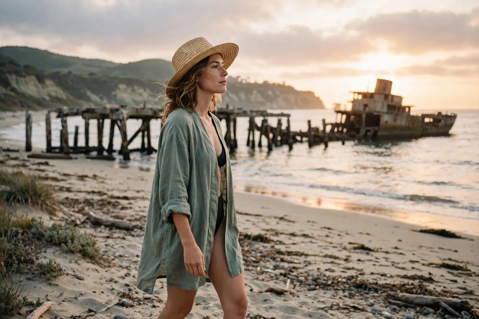 A woman in a swimsuit walks the beach beside a weathered wooden pier