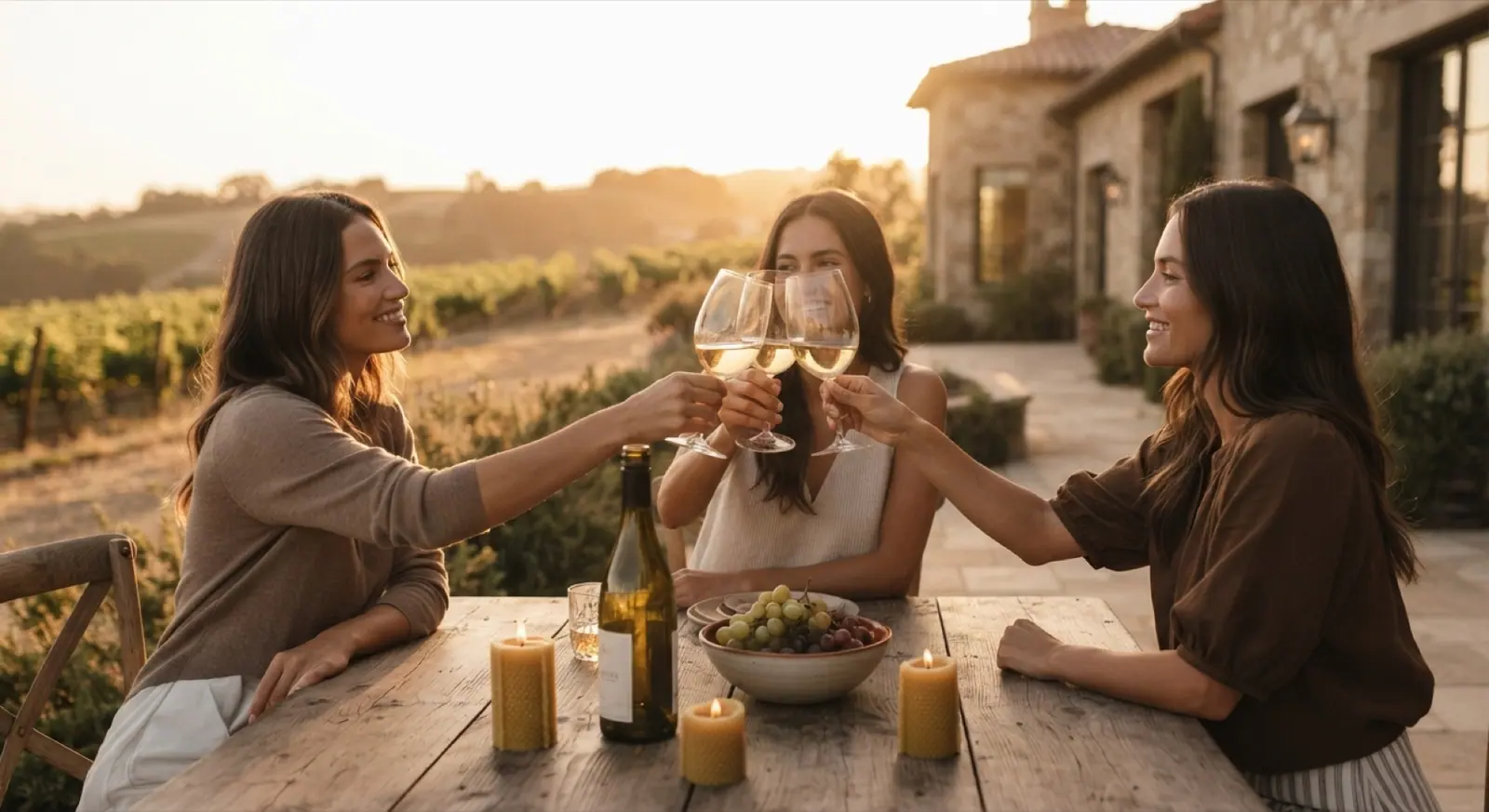 Three friends toast with white wine at a farmhouse table at golden hour
