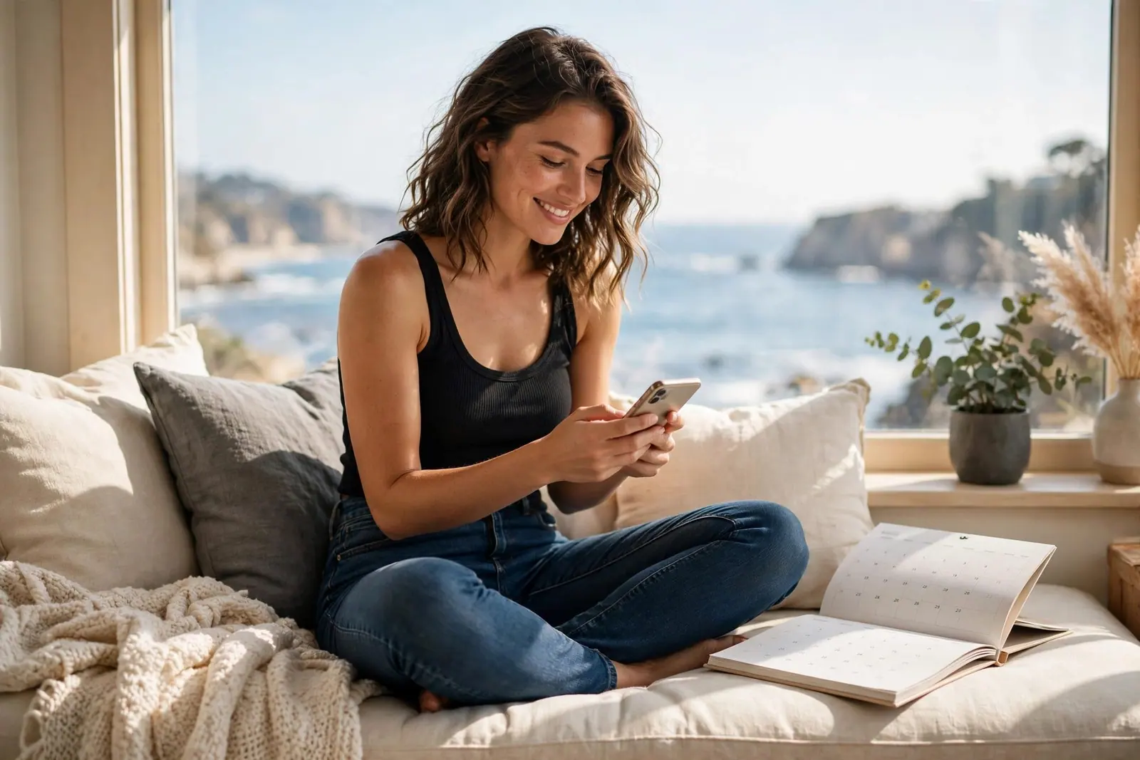 A woman in a black tank and jeans relaxes on a sofa by a window over the sea, smiling at her phone