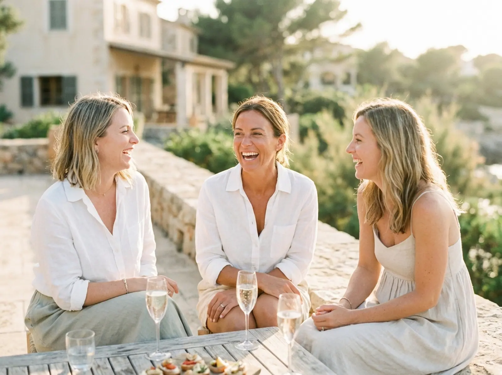 Three fair-haired friends laugh over sparkling wine on a stone terrace at golden hour