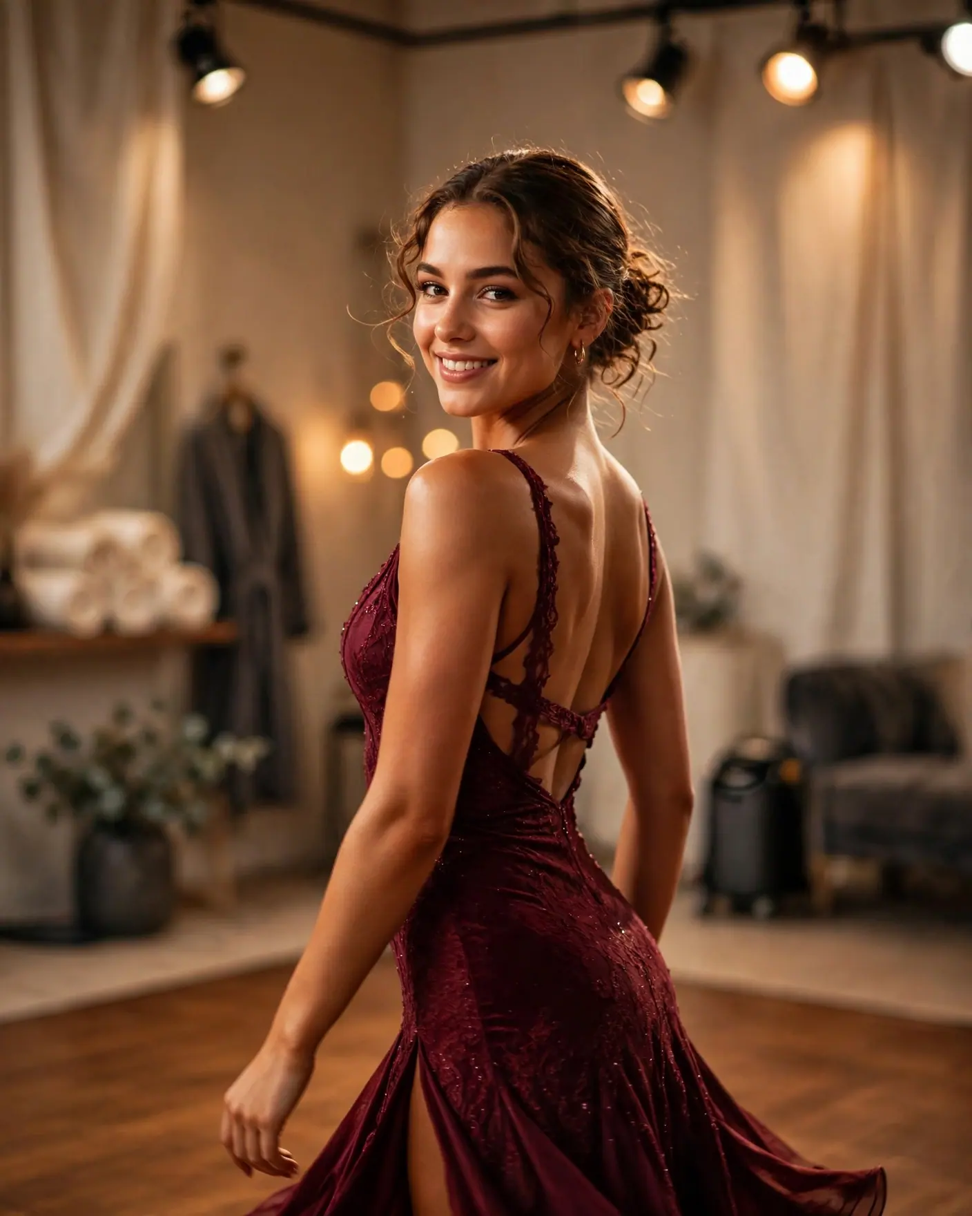 A woman in a burgundy gown smiles over her shoulder in a dance studio