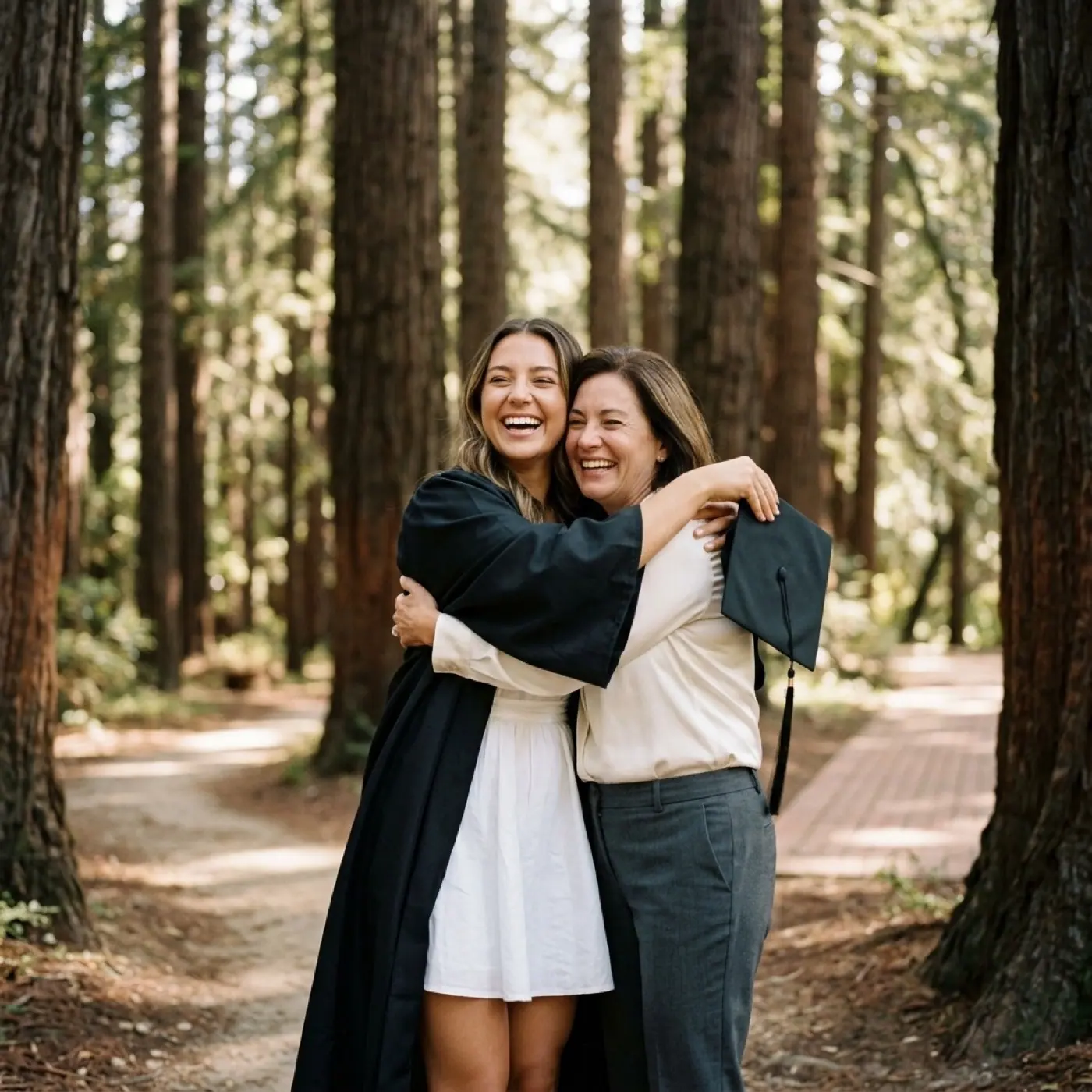 A new graduate in her gown hugs her mother on a redwood path